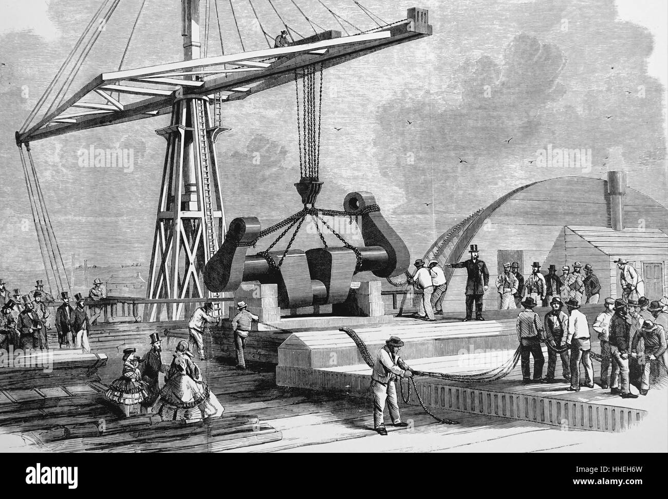 Kupferstich mit der Darstellung der "Great Eastern" während der Erstellung der Atlantic Telegraph verwendet. Die zwischenliegende Platte - Welle auf das Deck abgesenkt werden. Vom 19. Jahrhundert Stockfoto