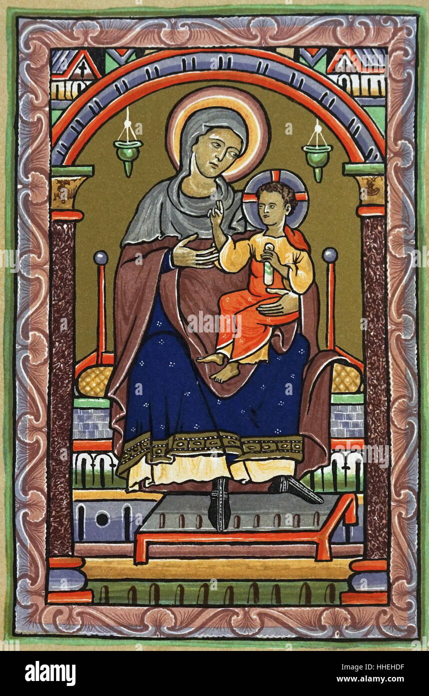 Illuminierte Handschrift, die Darstellung der Jungfrau Maria mit Kind. Vom 13. Jahrhundert Stockfoto