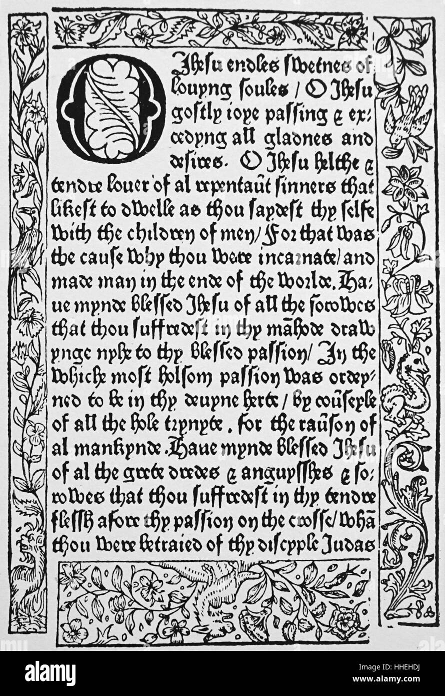 Seite von 'XV O'es' n Englisch Kaufmann William Caxton (1422-1491), Diplomat, Schriftsteller und Drucker. Vom 15. Jahrhundert Stockfoto