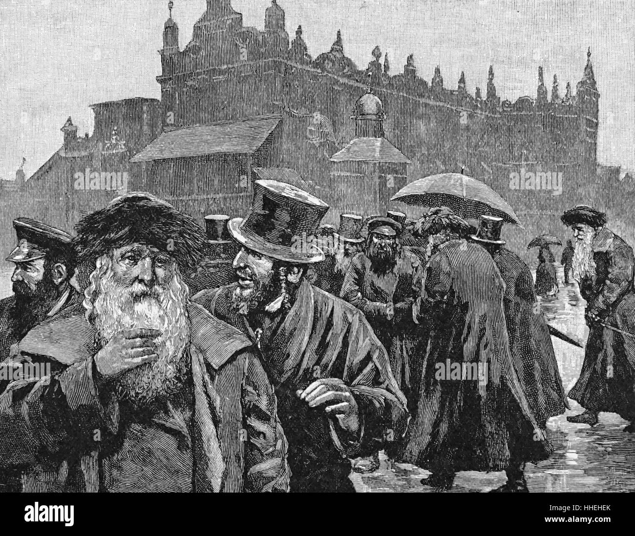 Gravur mit Juden Feilschen auf dem Markt an Krakau. Vom 19. Jahrhundert Stockfoto