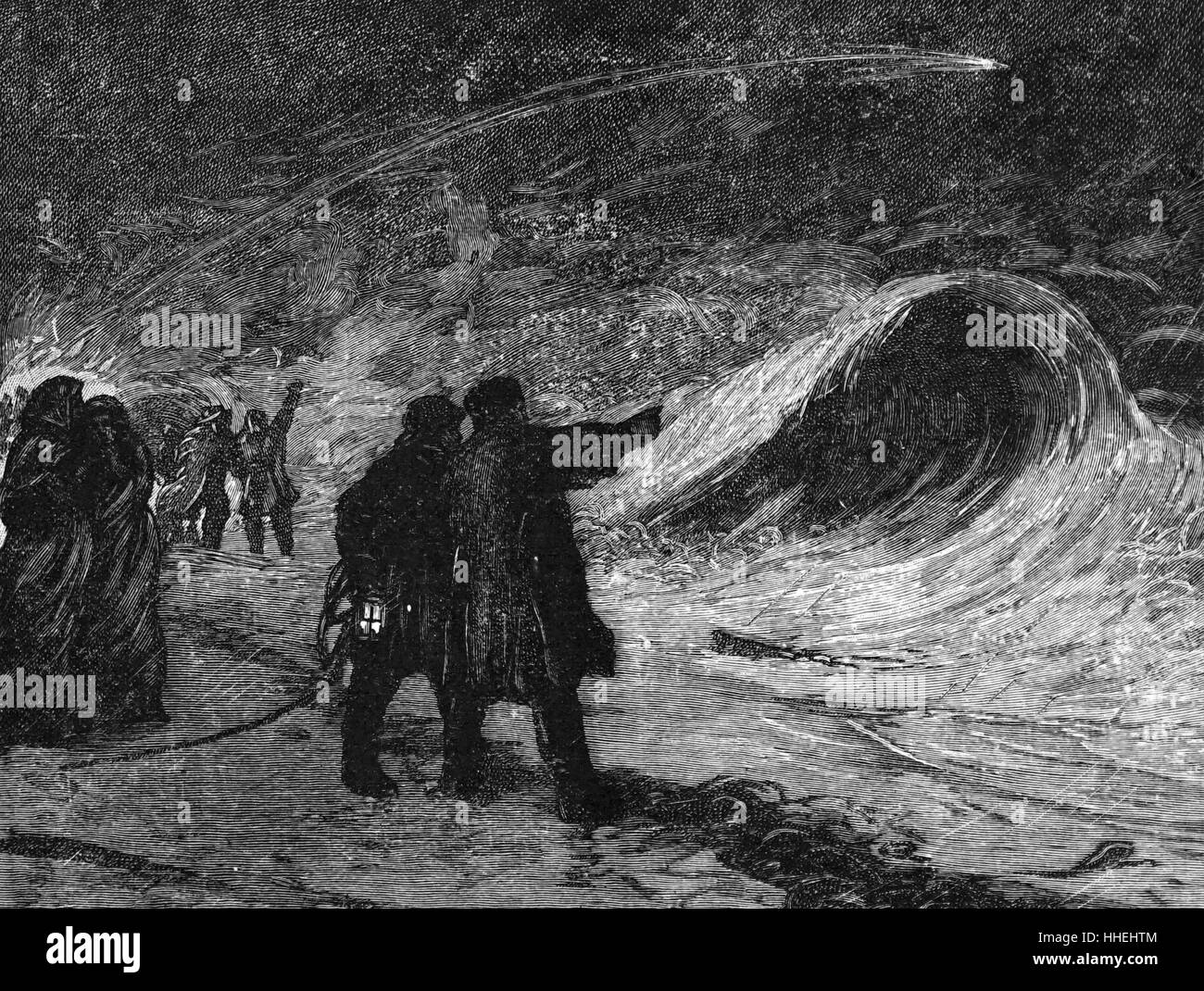 Gravur Darstellung zu Fuß am Strand entlang, während die Flut in der Nacht, in rollt Massen. Vom 19. Jahrhundert Stockfoto