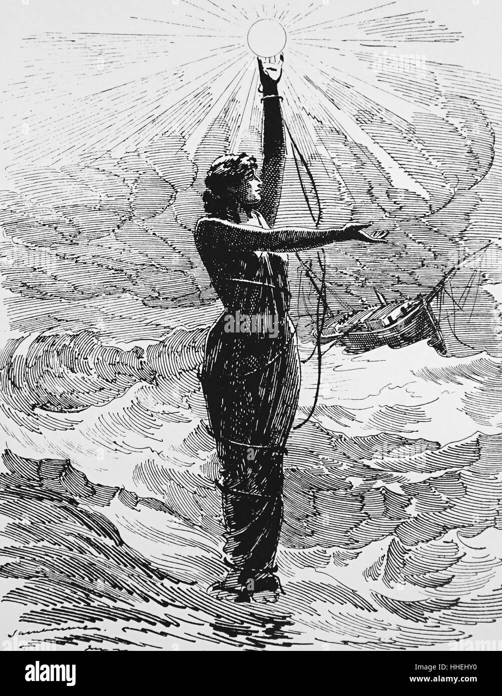 Cartoon Kennzeichnung der Veröffentlichung eines Berichts über telegrafische Mitteilungen zwischen Leuchttürme, leichte Schiffe und der Küste. Vom 19. Jahrhundert Stockfoto