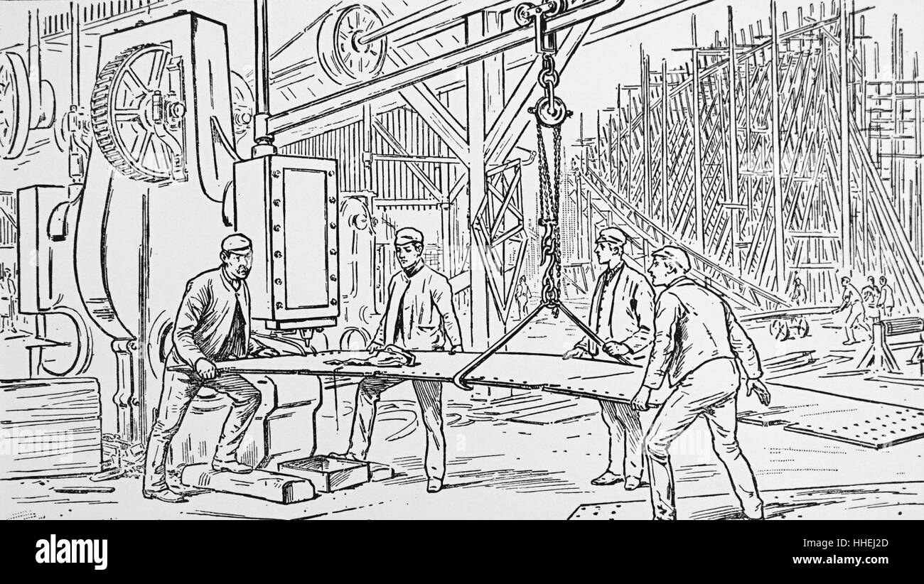 Kupferstich von Männern Stanzen Nietlöcher in Stahlblech. Vom 19. Jahrhundert Stockfoto