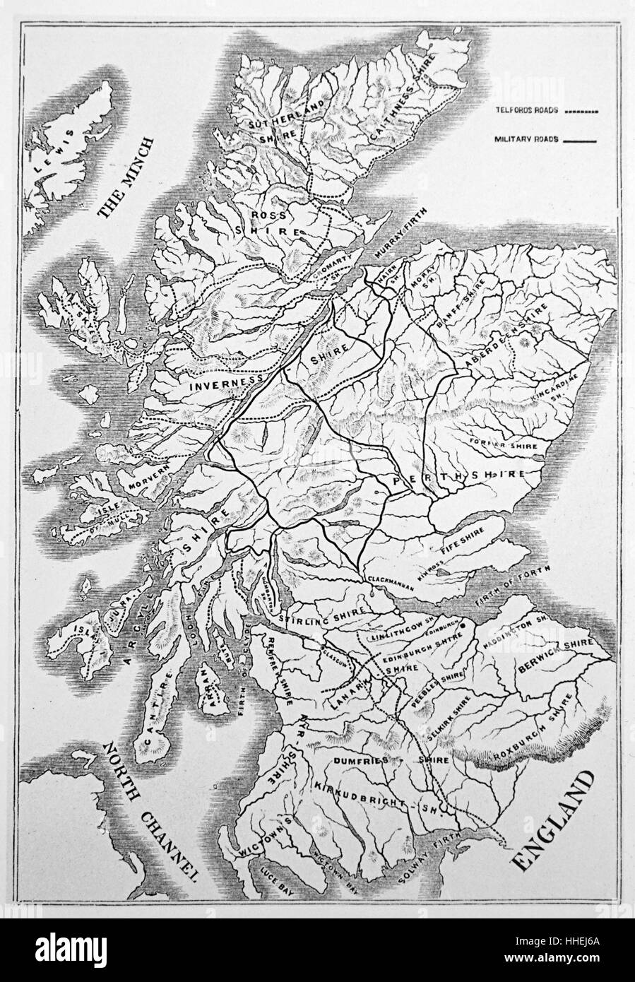 Karte von Schottland, Telford's Straßen (gestrichelte Linien) und militärische Straßen (durchgezogene Linien). Thomas Telford (1757-1834) ein schottischer Ingenieur, Architekt und Steinmetz. Vom 19. Jahrhundert Stockfoto