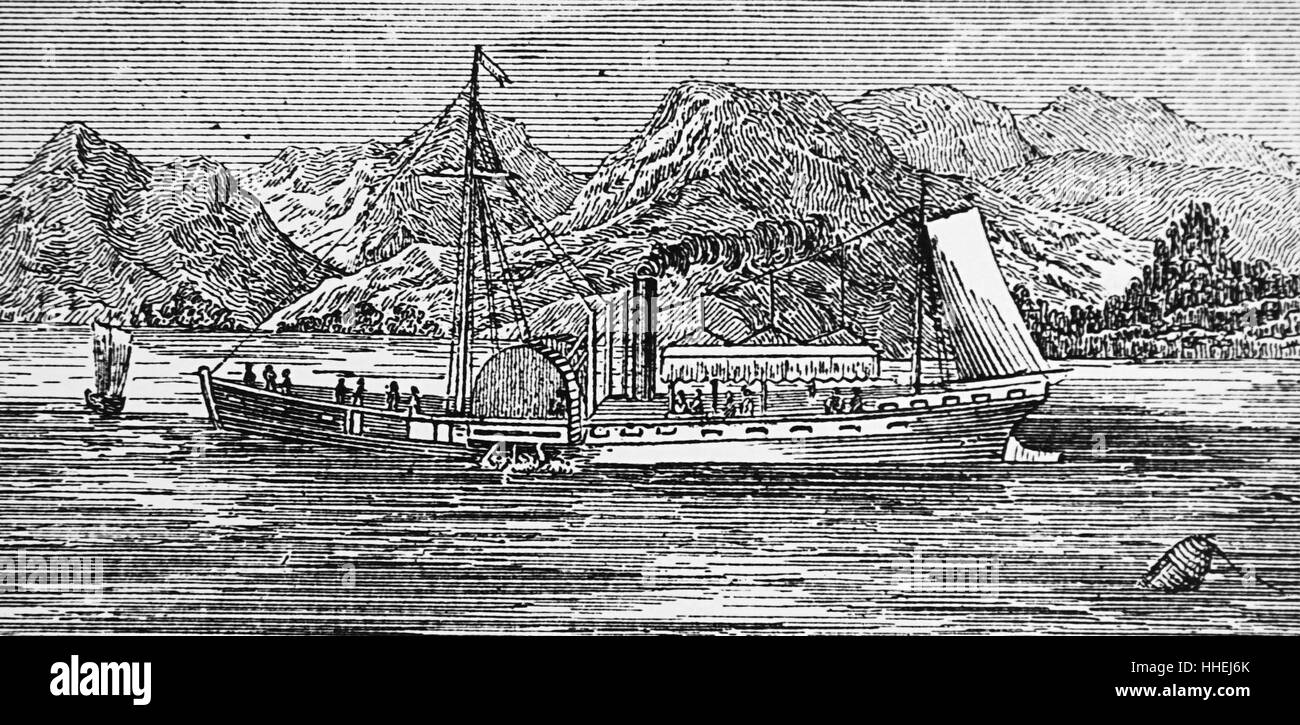 Gravur, Robert Fulton's Raddampfer "Clermont", die zwischen New York und Albany auf dem Hudson River ausübte. Vom 19. Jahrhundert Stockfoto