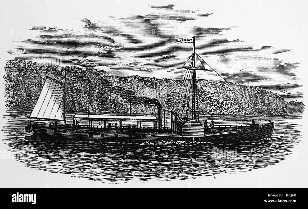 Gravur, Robert Fulton's Raddampfer "Clermont", die zwischen New York und Albany auf dem Hudson River ausübte. Vom 19. Jahrhundert Stockfoto