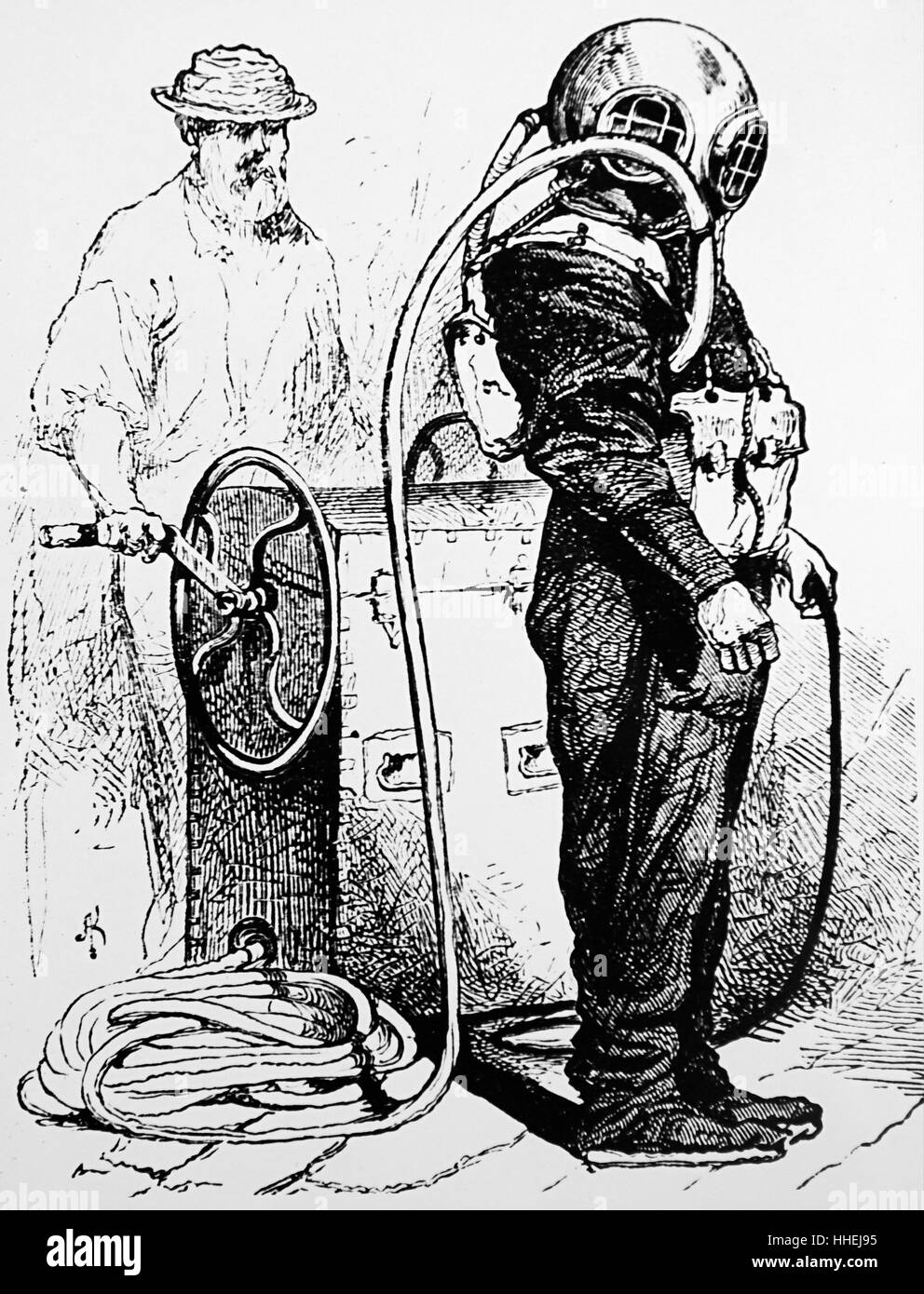 Abbildung eines Tauchers Abstieg vorbereiten, während der Arbeit an den Hell Gate Felsen sprengen. Vom 19. Jahrhundert Stockfoto