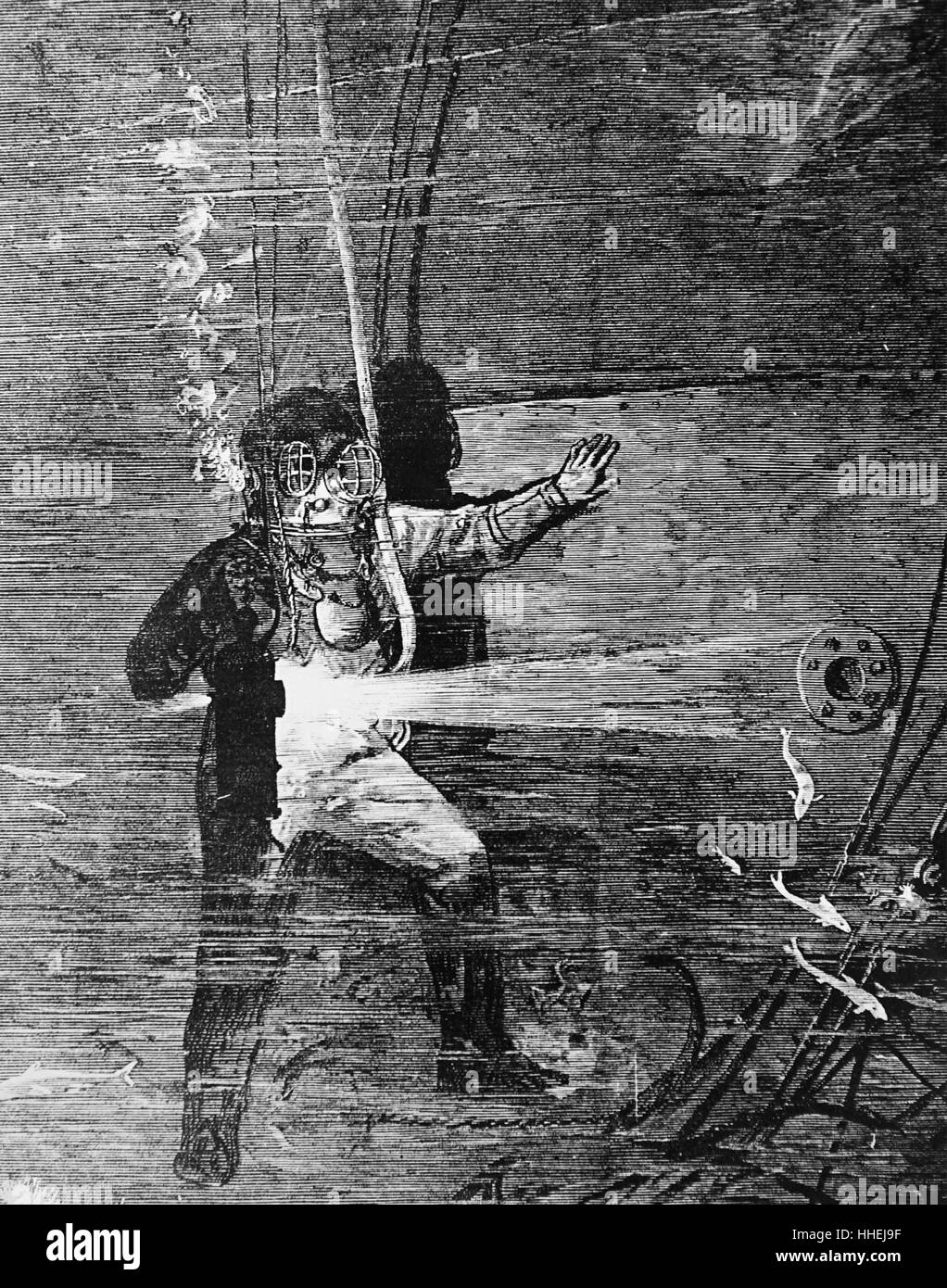 Abbildung zeigt einen Taucher das Wrack der HMS Euridice zu prüfen. Vom 19. Jahrhundert Stockfoto