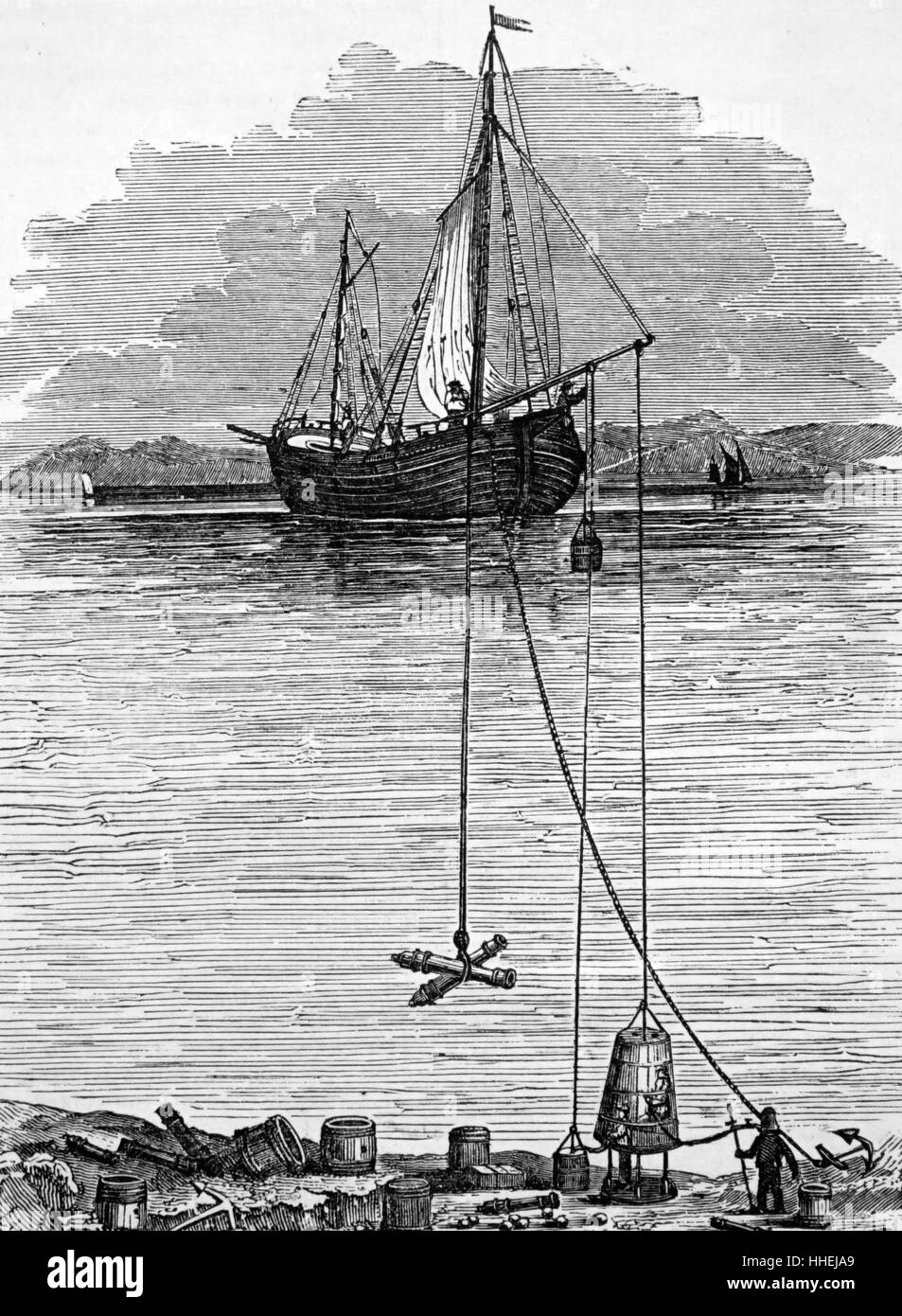 Darstellung des Halleyschen Taucherglocke, die zeigen, wie das Faß der Luft auf den Meeresgrund abgesenkt hatte und zu Bell mit einem Rohr verbunden. Eine zweite Rohrleitung führte von der Glocke zu einem Taucher das Tragen eines Helmes. Vom 19. Jahrhundert Stockfoto