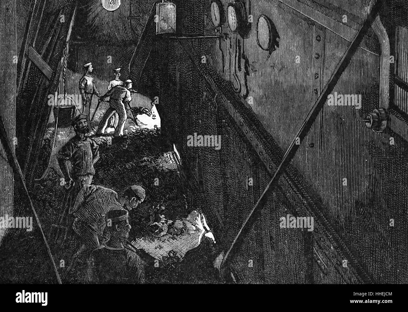 Gravur, Darstellung einer Szene in einem der vier Stokehole ist der EMS Eroberer während der Übungen. Vom 19. Jahrhundert Stockfoto
