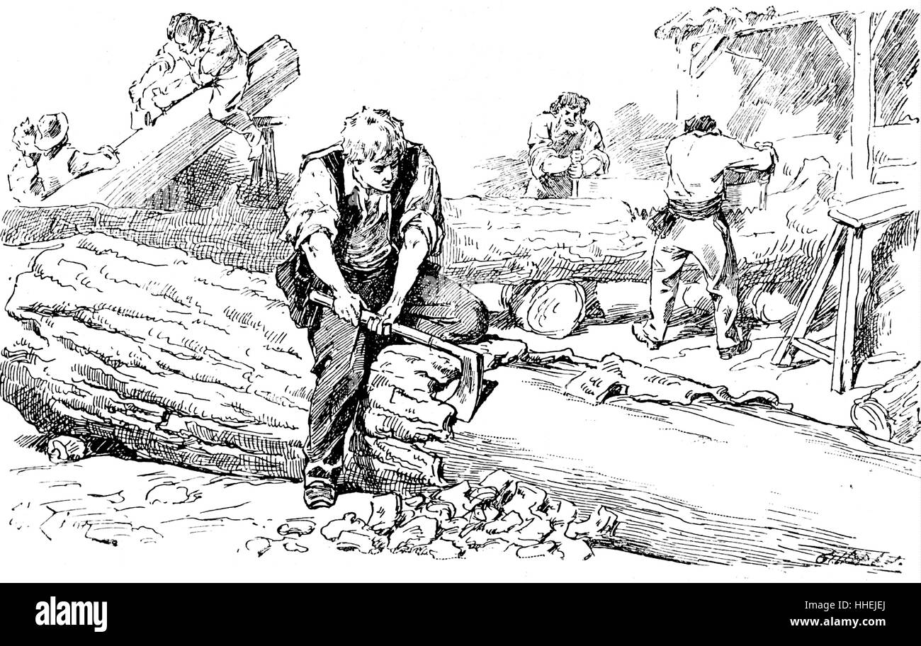 Abbildung zeigt die Entfernung der Rinde von einem Baum schneiden für Mast des Schiffes. Vom 19. Jahrhundert Stockfoto