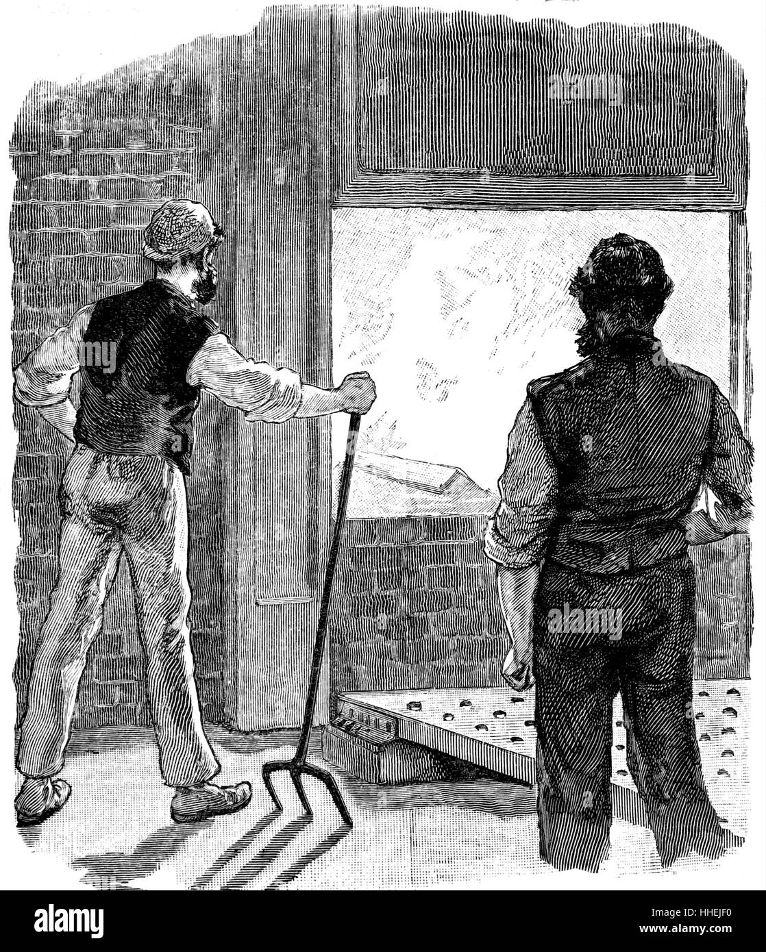 Abbildung: Darstellung der Heizung die Bar von Winkel Stahl für die Rippe von einem Schiff, so dass es auf die Biegung Platte geformt werden konnte. Vom 19. Jahrhundert Stockfoto