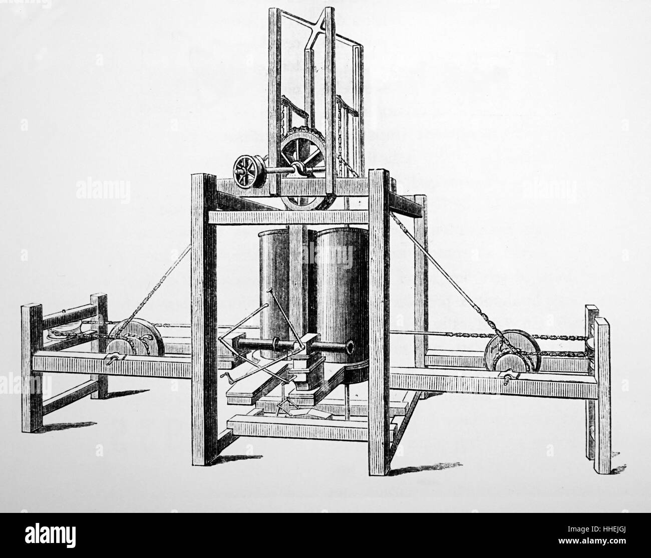 Gravur der Dampfmaschine Symington's, erfolgreich eingesetzt, um die Paddel von einem Boot auf See Dalswinton, Schottland zu fahren. Vom 18. Jahrhundert Stockfoto