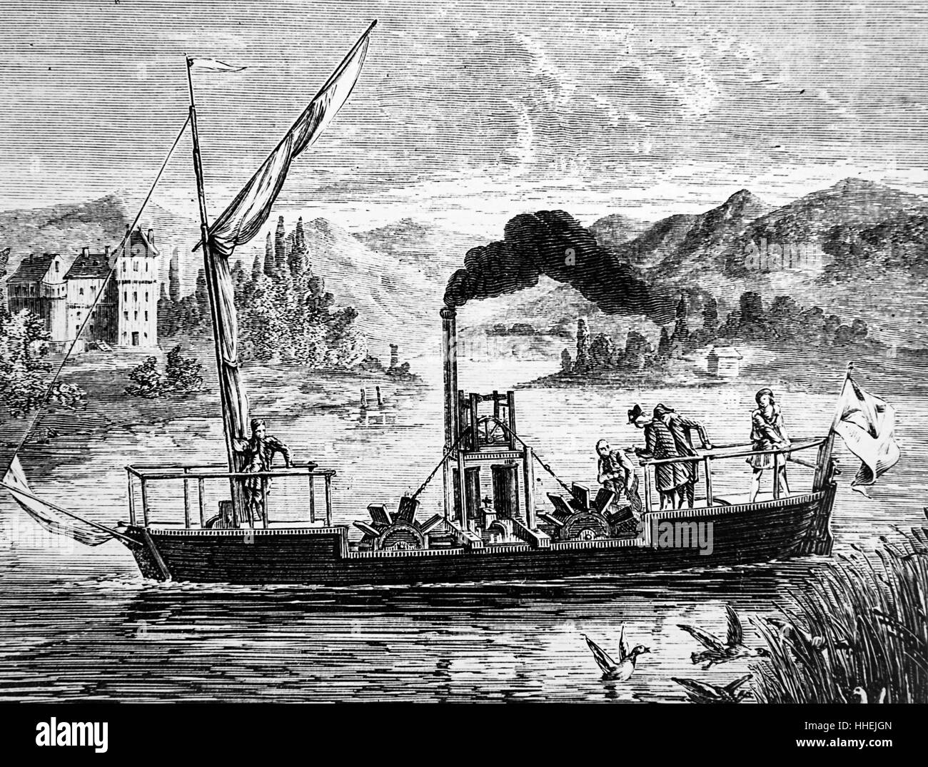 Gravur der Dampfmaschine Symington's, erfolgreich eingesetzt, um die Paddel von einem Boot auf See Dalswinton, Schottland zu fahren. Vom 18. Jahrhundert Stockfoto