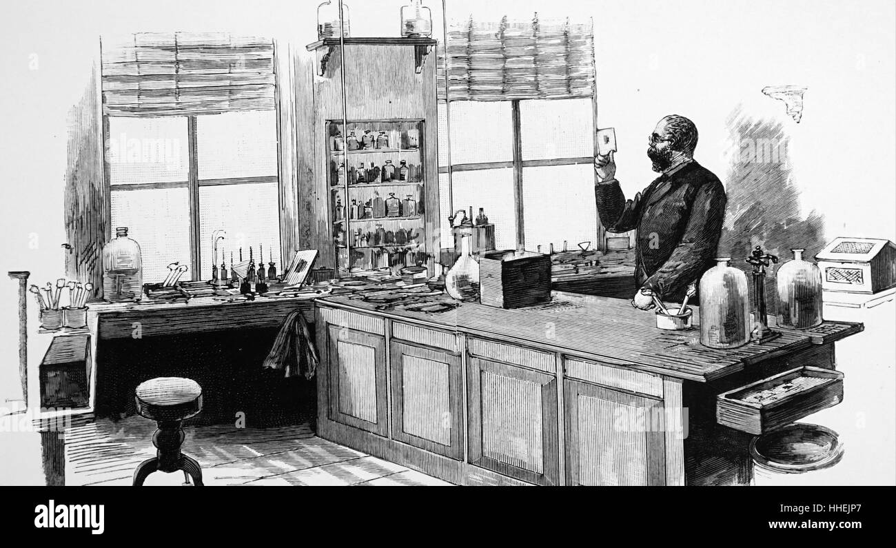 Robert Koch (1843-1910) ein deutscher Arzt arbeitet in seinem Labor. Vom 19. Jahrhundert Stockfoto