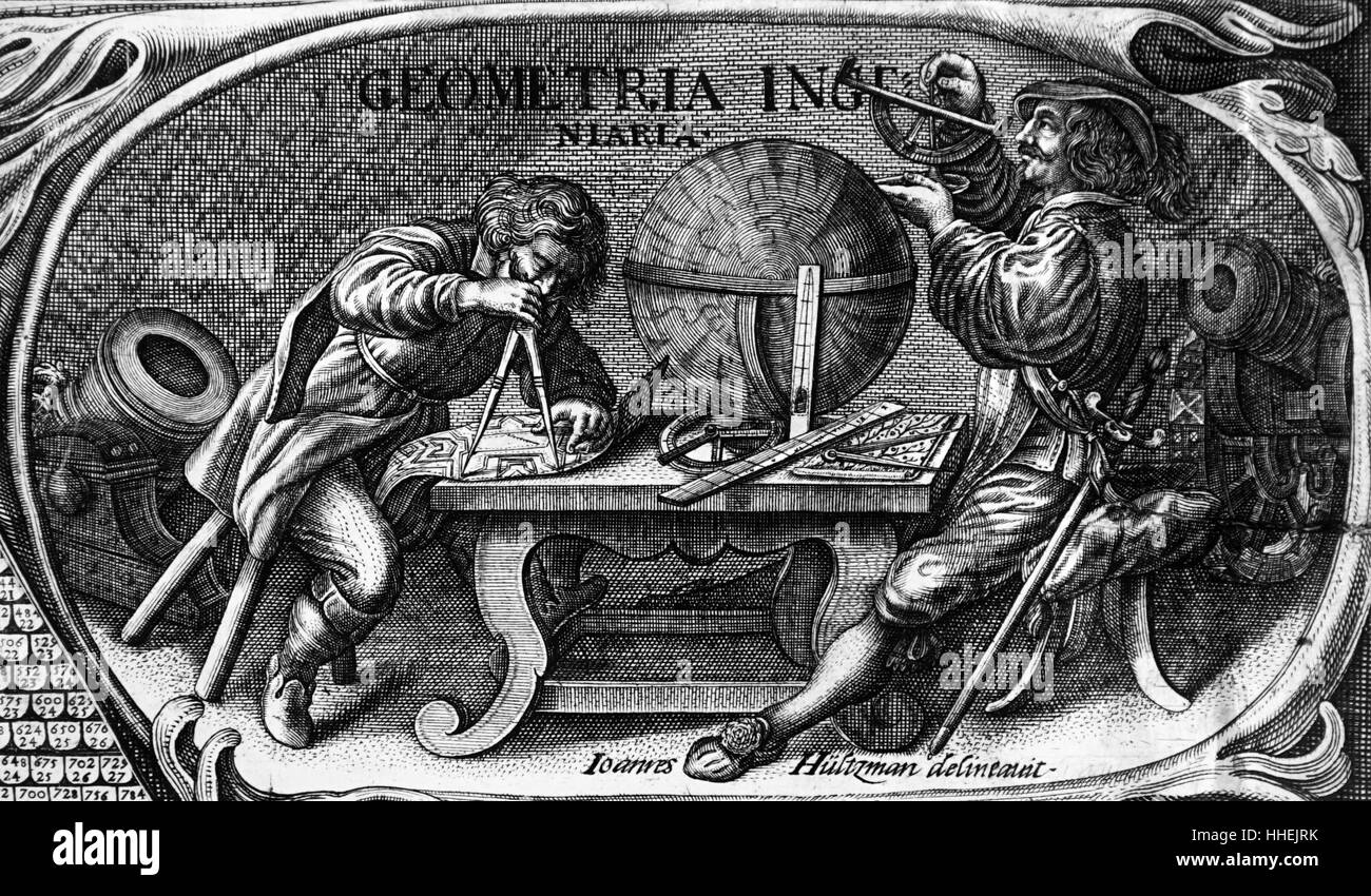 Vignette, die Ingenieure bei der Arbeit. Der Mann auf der linken Seite ist mit Zirkel/Teiler ein Plan der Befestigungsanlagen zu messen. Vom 17. Jahrhundert Stockfoto