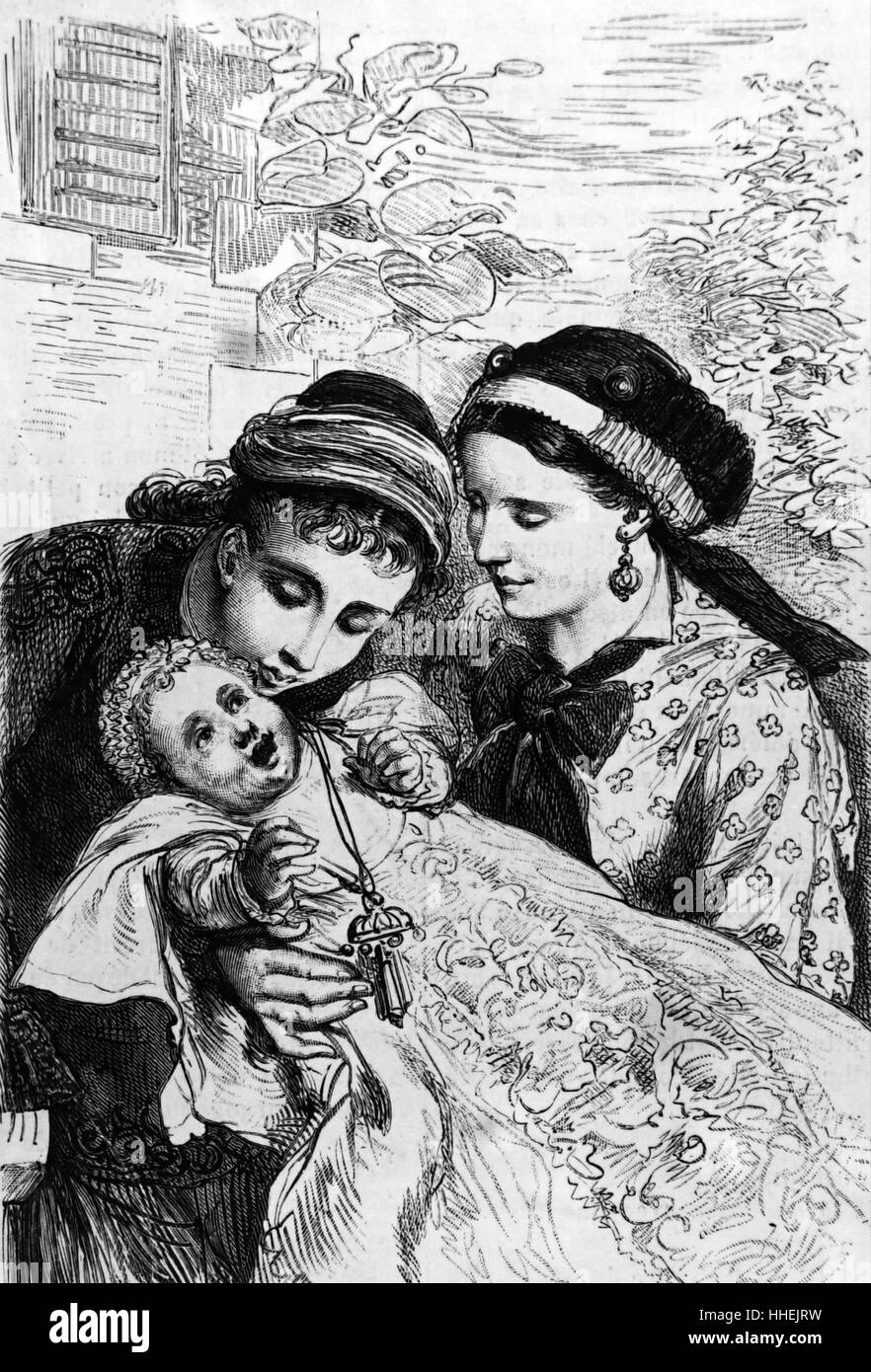 Abbildung zeigt zwei Schwestern verehren ihren Säugling Geschwister, wer gesehen wird, hält eine Rassel. Vom 19. Jahrhundert Stockfoto