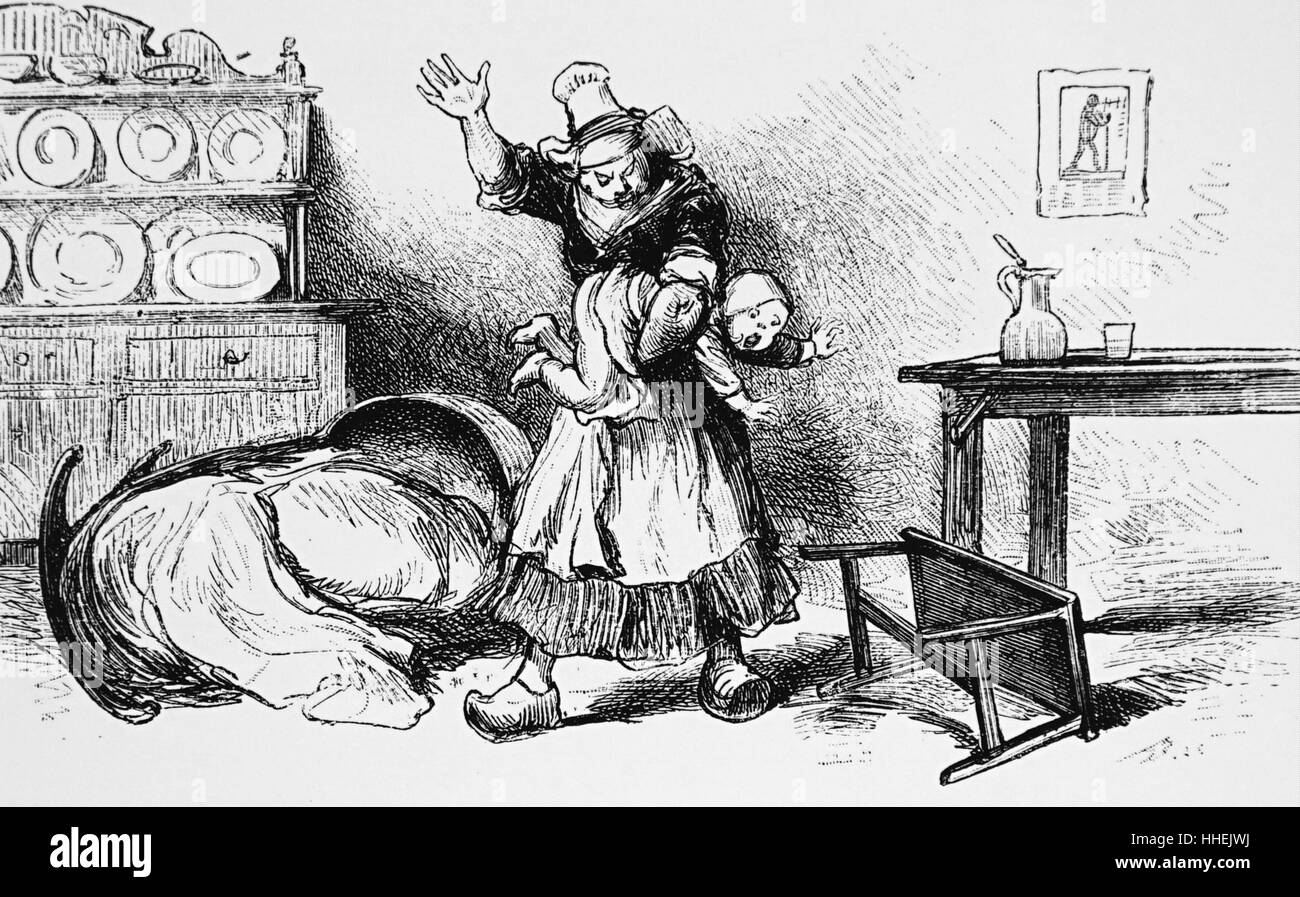 Abbildung zeigt eine Krankenschwester züchtigen ein Kind, das schlecht benommen hat. Vom 19. Jahrhundert Stockfoto