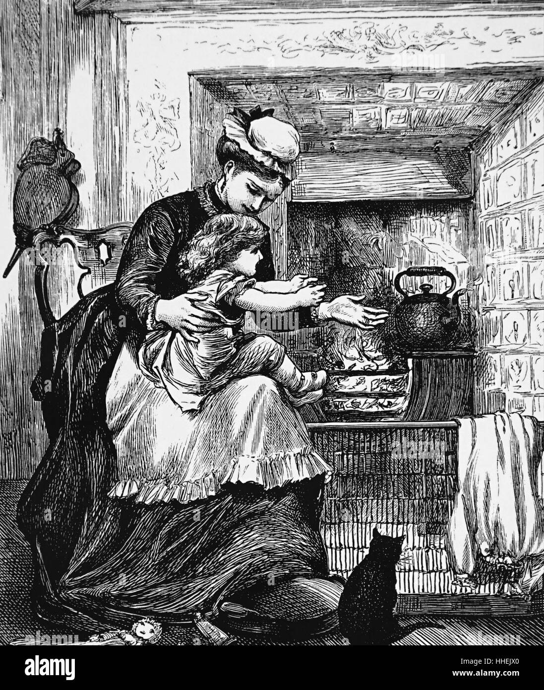 Abbildung: ein Kindermädchen mit einem Kind vor einem Feuer. Der Wasserkocher ist auf dem Herd, der Balg hängen neben dem Feuer bereit ist, und die Katze sitzt neben dem fireguard. Mit Ill. von Mary Ellen Edwards (1838-1934) ein englischer Künstler und produktivsten Illustrator von Kinderbüchern. Vom 19. Jahrhundert Stockfoto