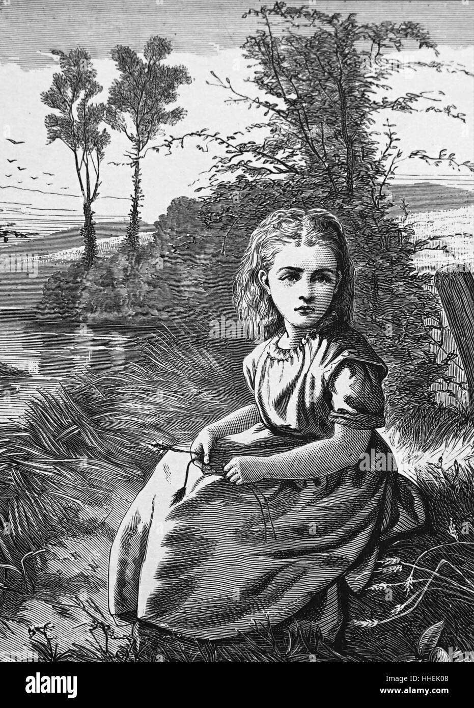 Abbildung mit dem Titel "Little Amy" zeigt ein junges Mädchen sitzt an einem See. Vom 19. Jahrhundert Stockfoto