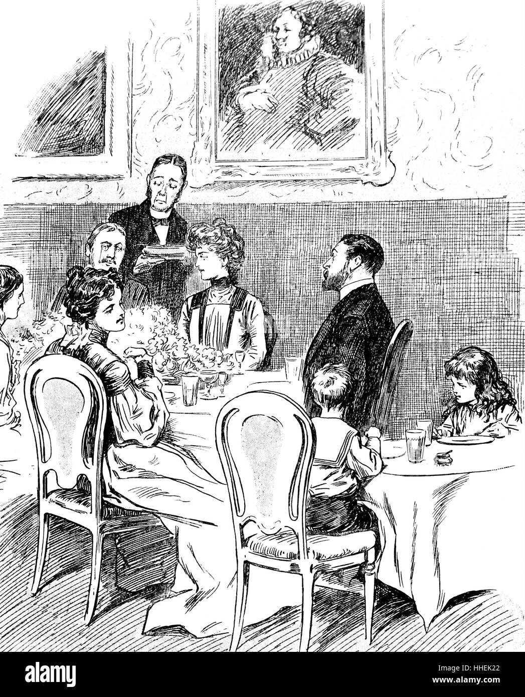 Abbildung: Darstellung einer formalen dinning Szene im Haus einer wohlhabenden Familie. Die Kinder saßen an einem separaten Tabelle zu den Erwachsenen. Vom 20. Jahrhundert Stockfoto
