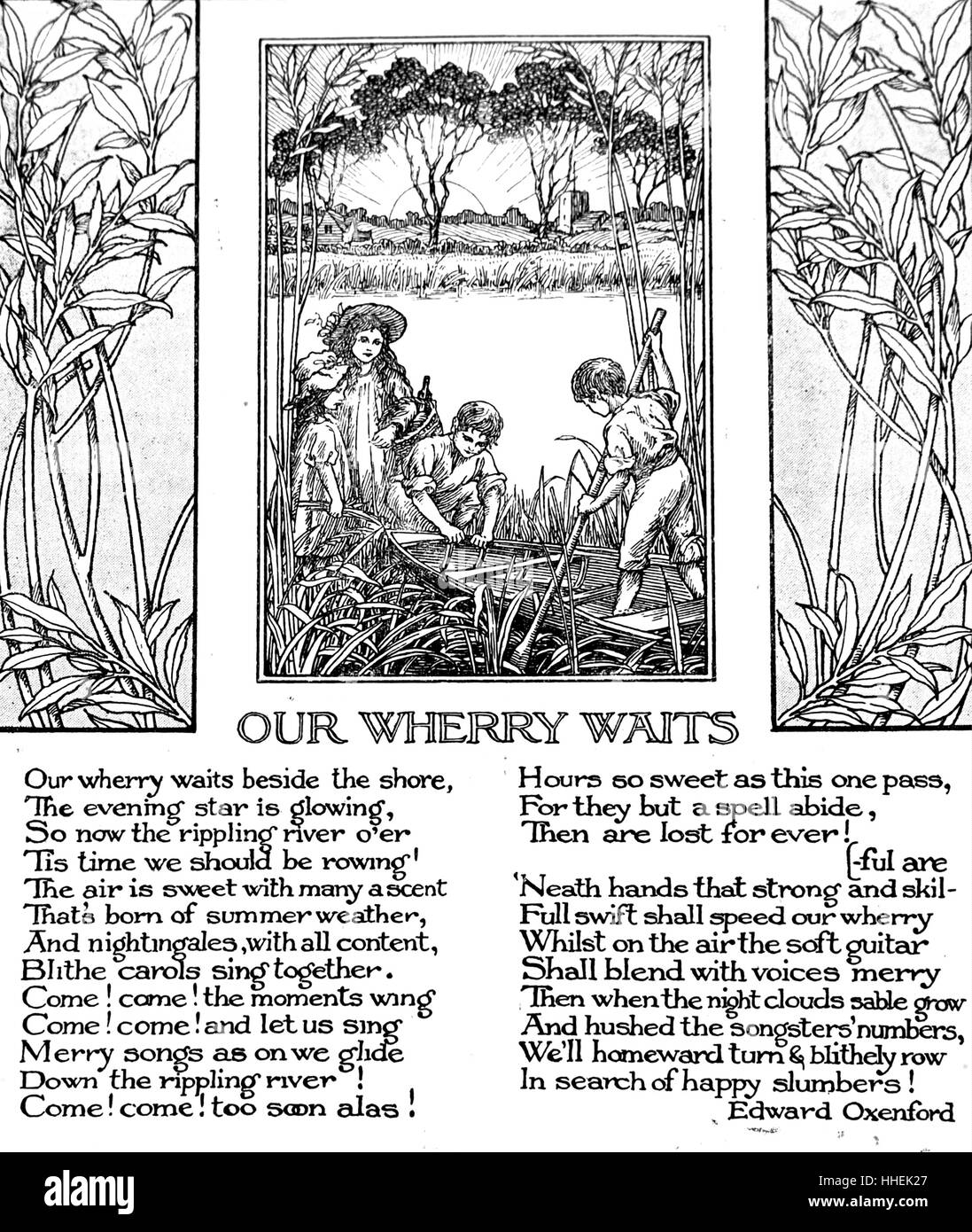 Gedicht mit dem Titel "Our Wherry wartet" von Edward Oxenford mit Illustration von Kleinkindern spielen an einem See. Vom 20. Jahrhundert Stockfoto