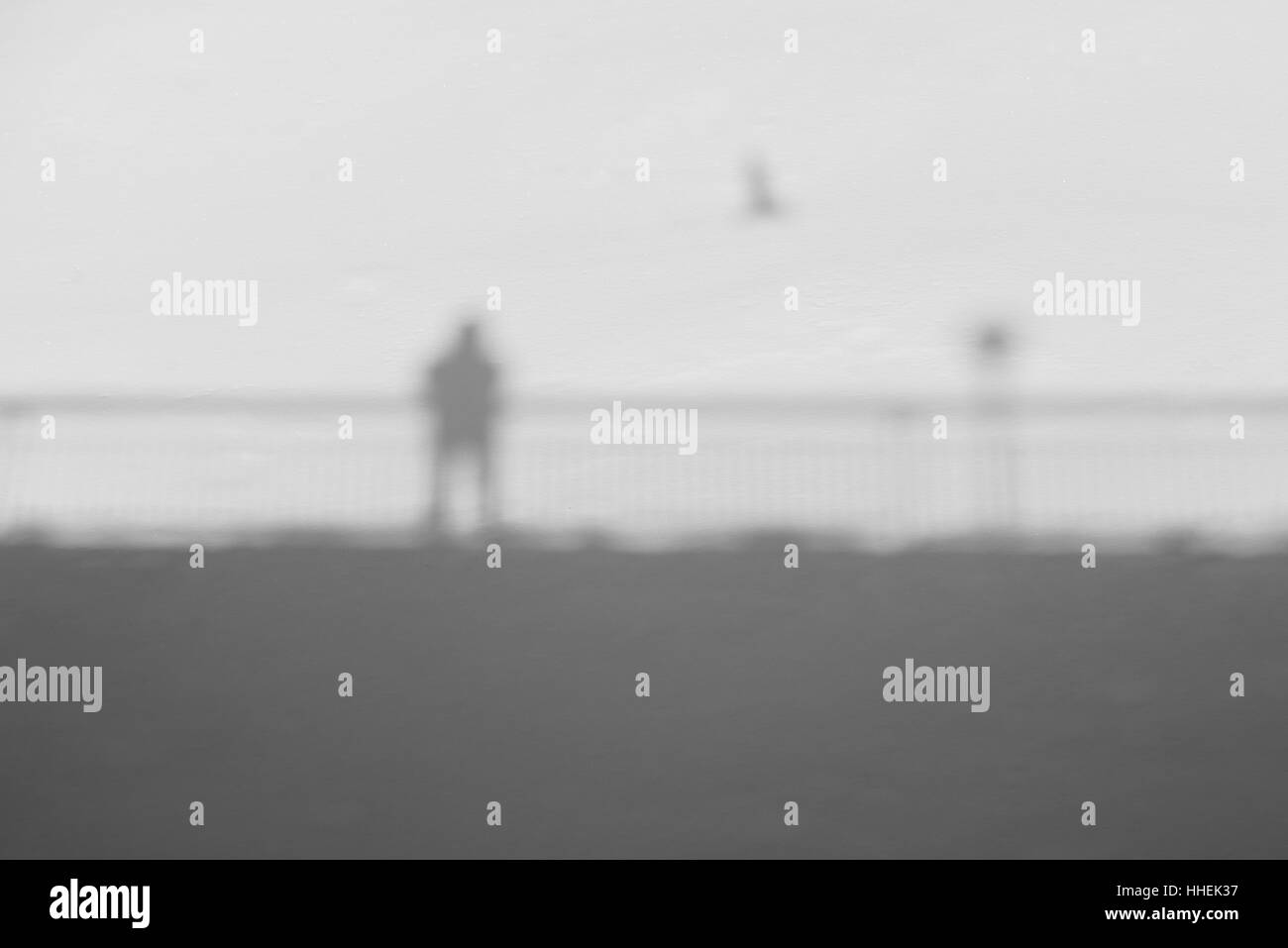 Mann auf einer Brücke mit fliegenden Vogel abstrakte Schatten auf dem Schnee Stockfoto