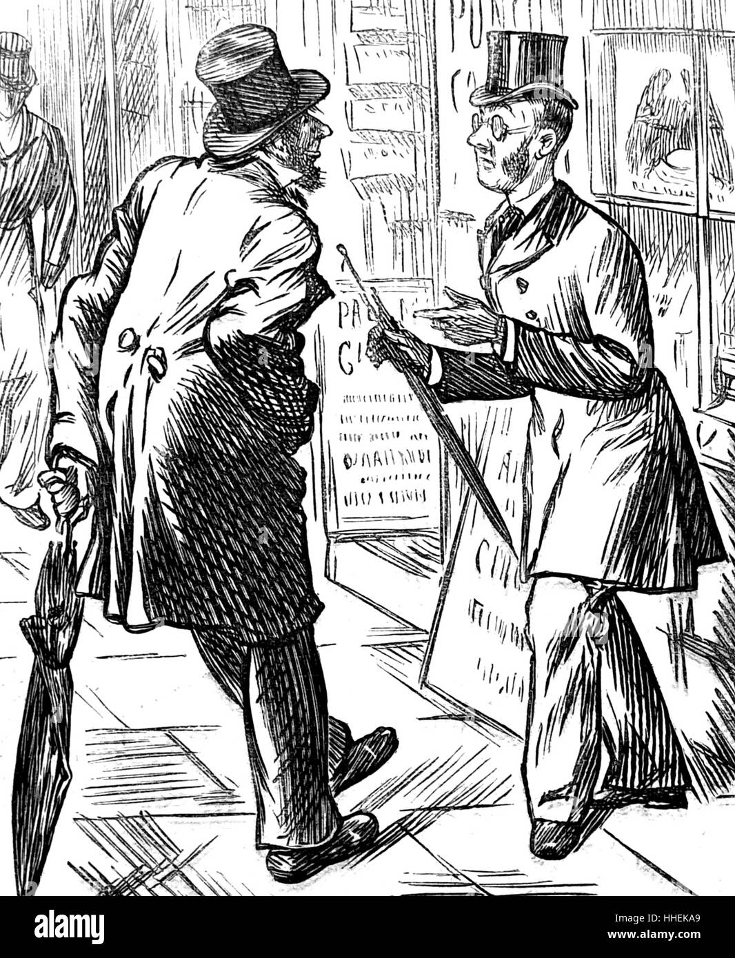 Comic-Darstellung zwei Herren sprechen außerhalb ein Gin-Shop. Vom 19. Jahrhundert Stockfoto