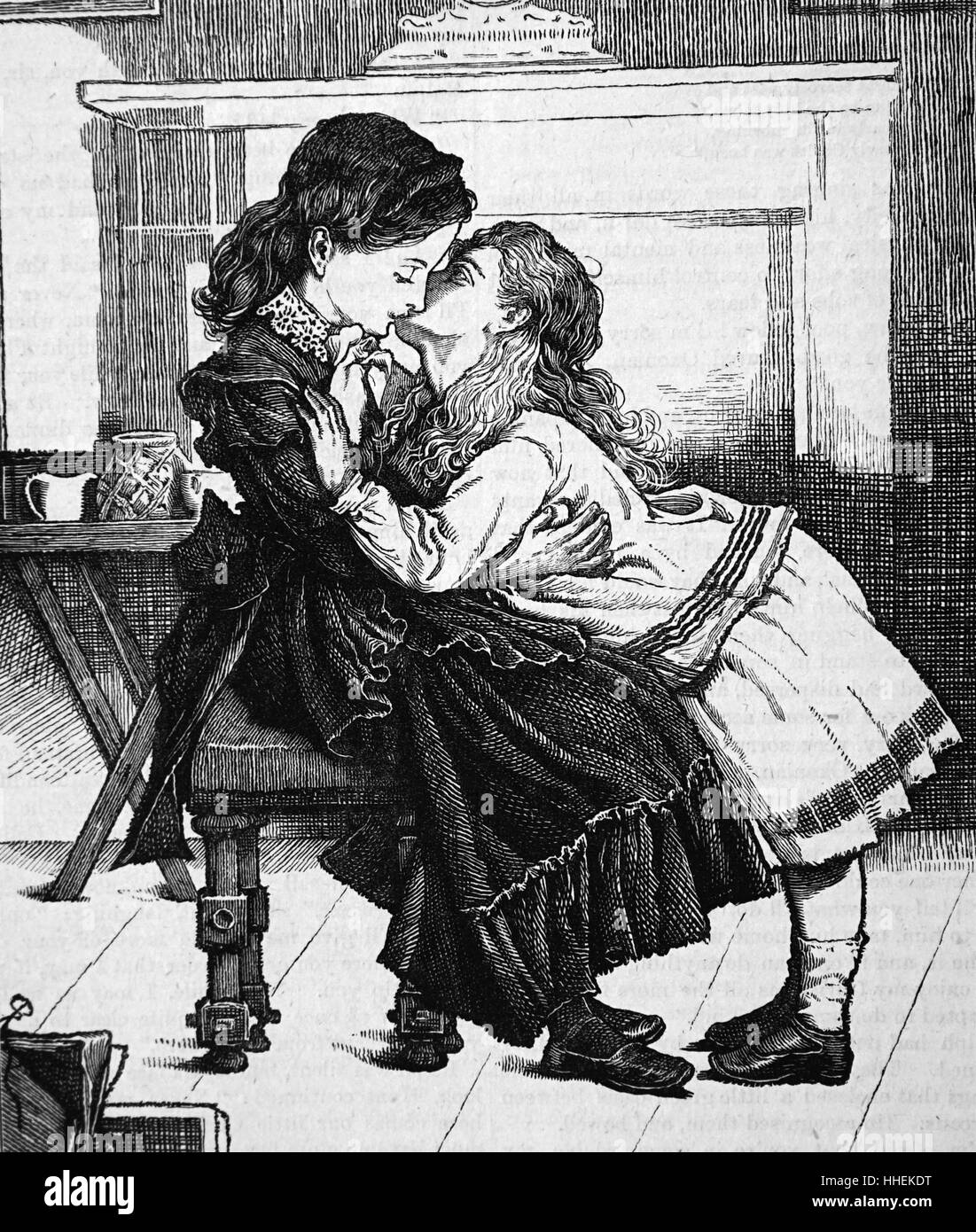 Abbildung zeigt eine Waise eine tröstende Kiss durch eine jüngere Schule Freund. Illustriert von John Lawson. Vom 19. Jahrhundert Stockfoto