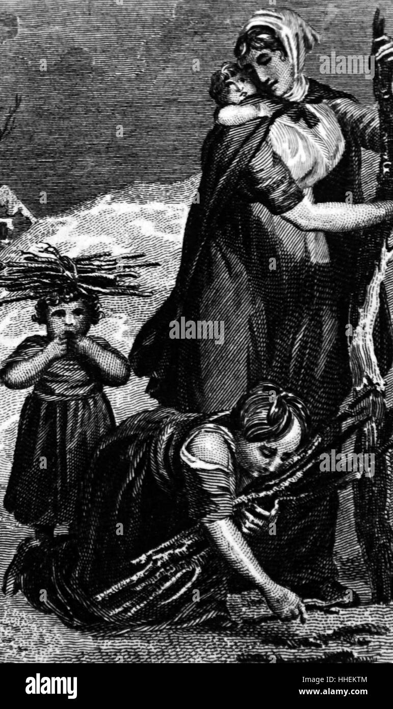 Abbildung zeigt eine schlechte Mutter sammeln von Brennholz mit ihren Kindern. Vom 19. Jahrhundert Stockfoto