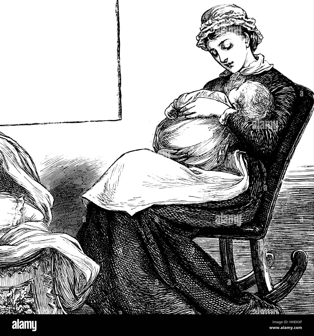 Abbildung zeigt eine Mutter ihr Kind kuscheln, während des Sitzens auf einem Schaukelstuhl. Mit Ill. von Mary Ellen Edwards (1838-1934) ein englischer Künstler und produktivsten Illustrator von Kinderbüchern. Vom 19. Jahrhundert Stockfoto