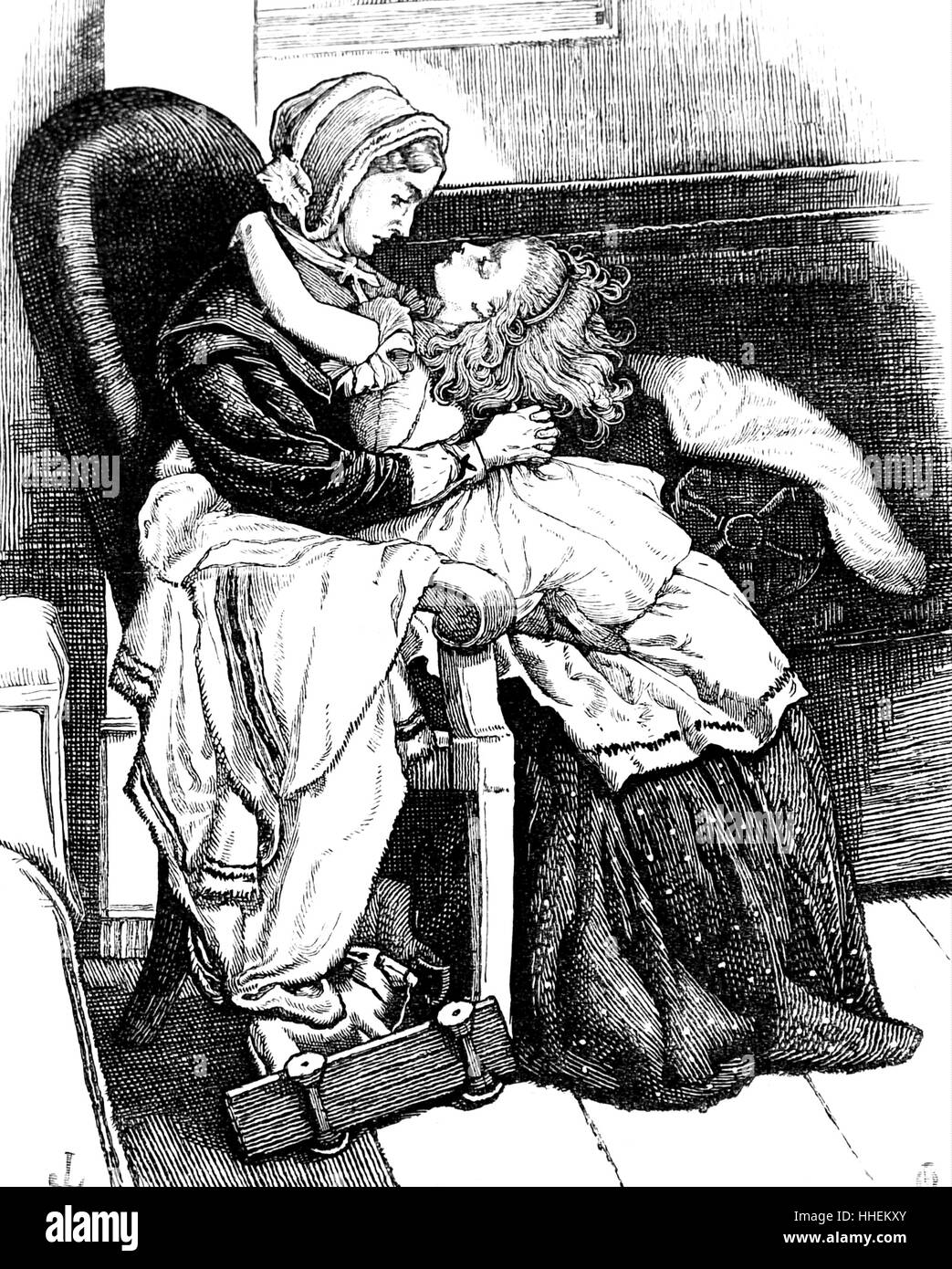 Abbildung einer Mutter und Tochter auf einem Schaukelstuhl kuscheln. Illustriert von John Lawson. Vom 19. Jahrhundert Stockfoto