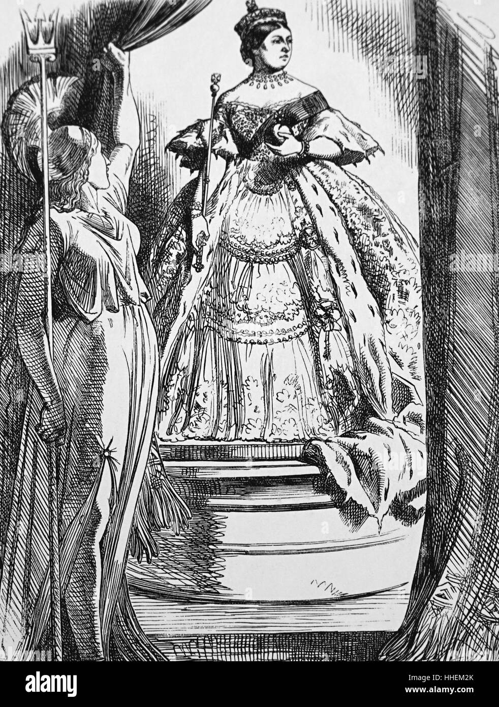 Cartoon, Queen Victoria von Britannia forderte, wieder auf die Welt zu kommen, nachdem ihr lange Trauer. Karikatur von John Tenniel (1820-1914) ein englischer Illustrator Grafik Humorist und politischen Karikaturisten. Vom 19. Jahrhundert Stockfoto