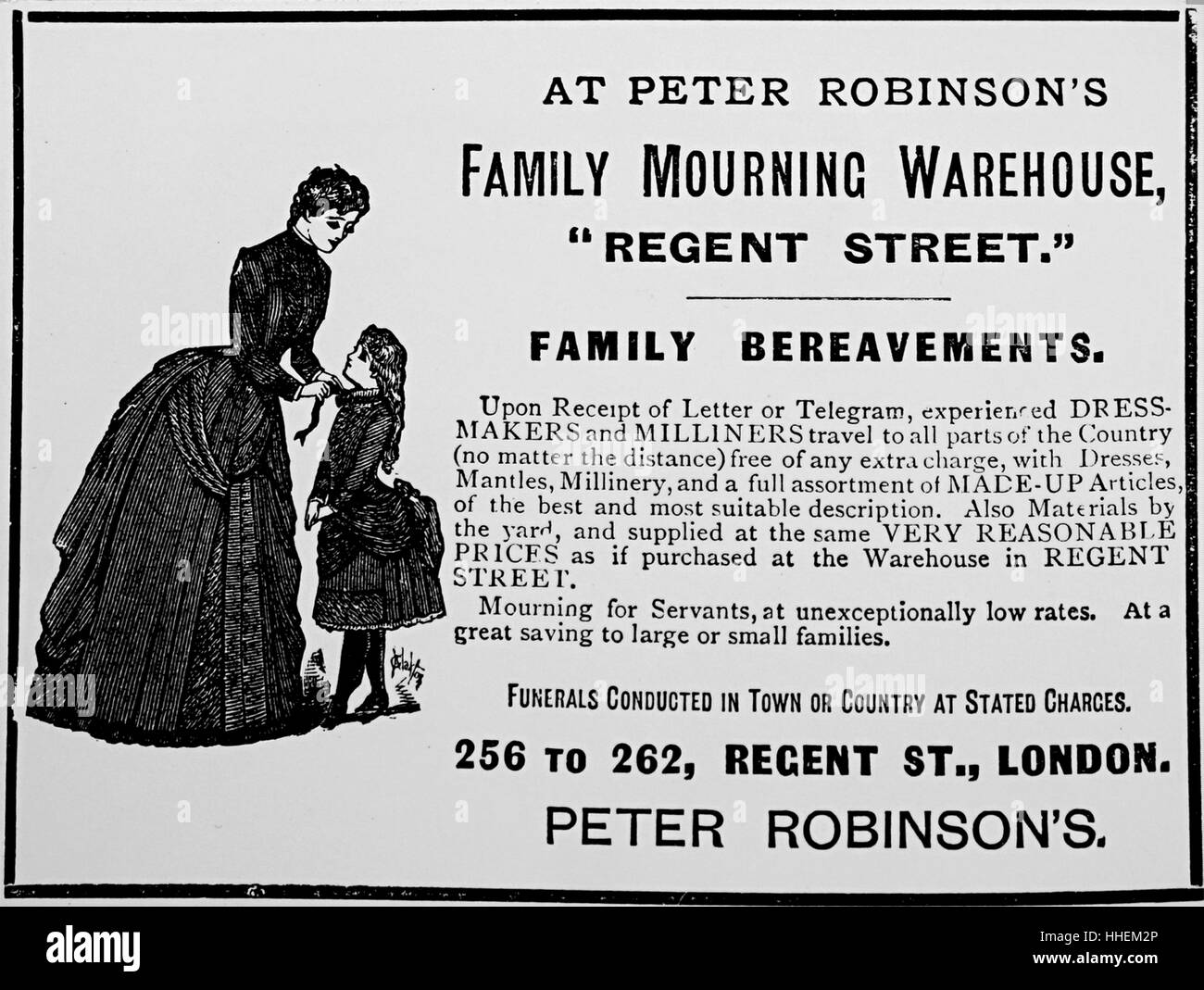 Anzeige für modische Kleidung zu erschwinglichen Preisen, von Peter Robinson Trauer. Vom 19. Jahrhundert Stockfoto