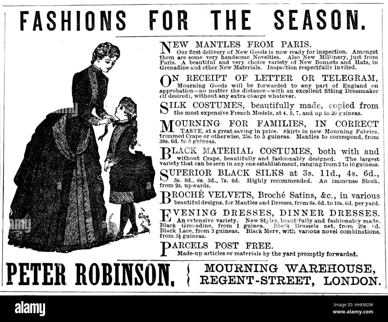 Anzeige für modische Kleidung zu erschwinglichen Preisen, von Peter Robinson Trauer. Vom 19. Jahrhundert Stockfoto