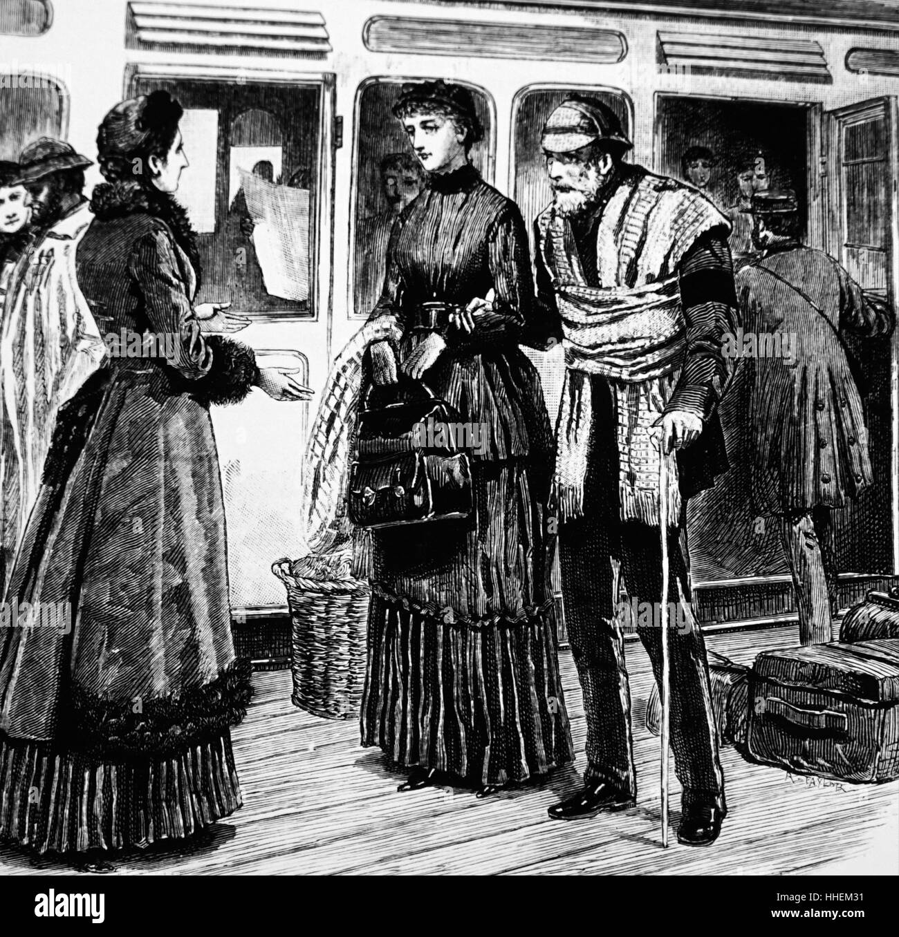 Abbildung: Darstellung einer älteren Witwer, trug einen Morgen band, an einer Station warten, von seiner Tochter begleitet. Illustriert von G. Greville Maton (1855-1932). Vom 19. Jahrhundert Stockfoto