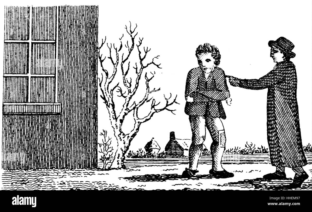 Abbildung eines jungen Bettler wird wandte sich ab von einem gerechten Haushalt. Vom 18. Jahrhundert Stockfoto