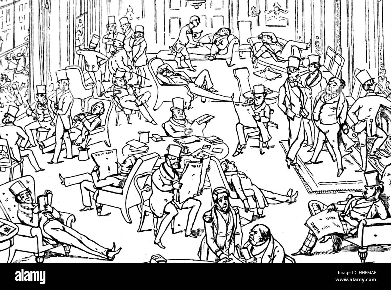 Comic-Darstellung der Innenseite eines Gentlemans Club in London. Vom 19. Jahrhundert Stockfoto