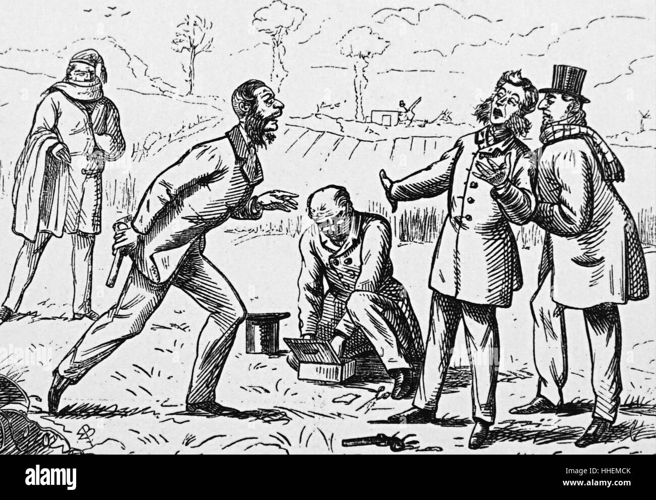 Comic-Darstellung, die Ansiedlung von einem Streit mit Pistolen in London. Vom 19. Jahrhundert Stockfoto