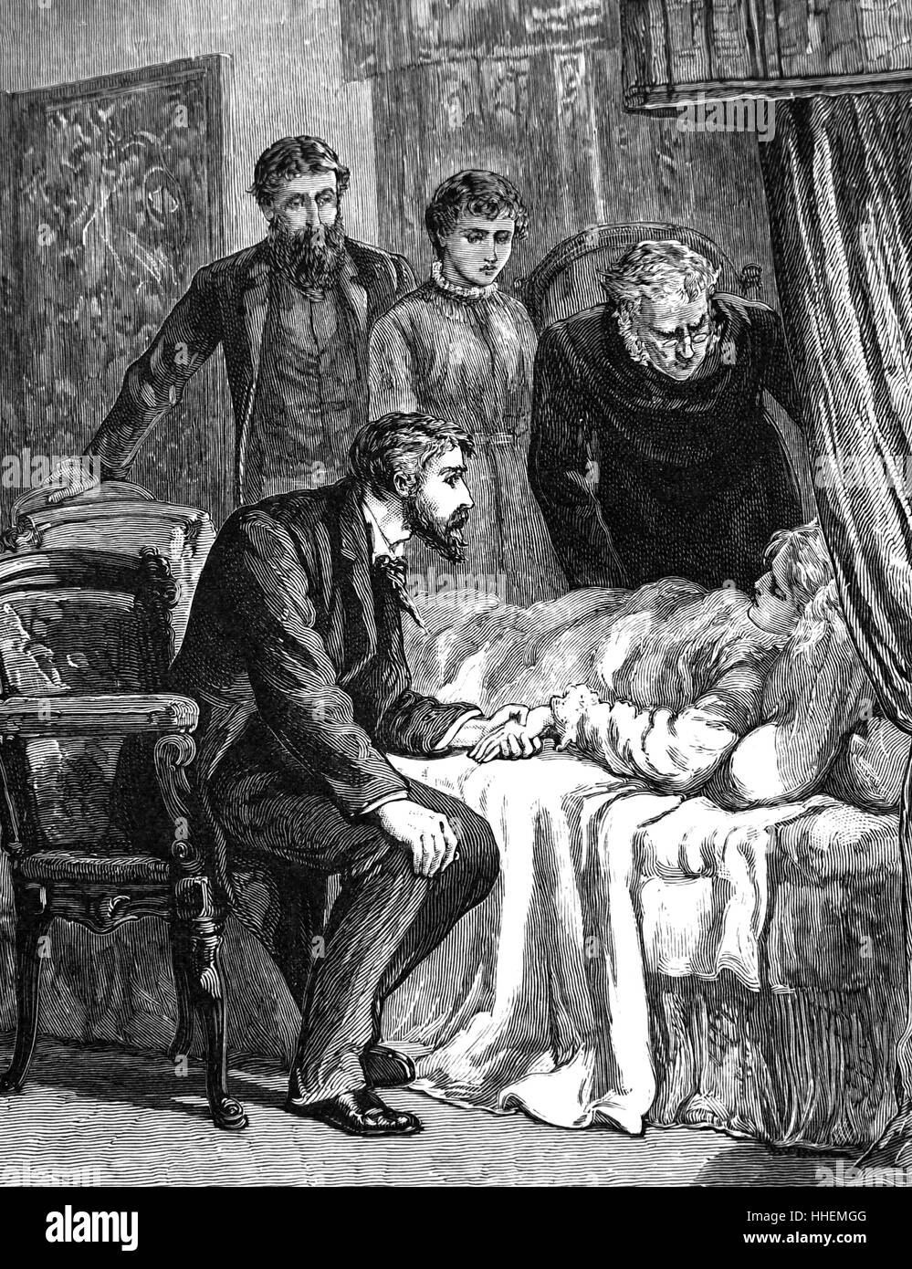 Kupferstich mit der Darstellung eines Vaters Rückkehr vom Totenbett seiner Tochter zu sein. Gravur nach einer Zeichnung von Gordon Browne (1858-1932) ein englischer Künstler und Illustrator von Kinderbüchern. Vom 19. Jahrhundert Stockfoto