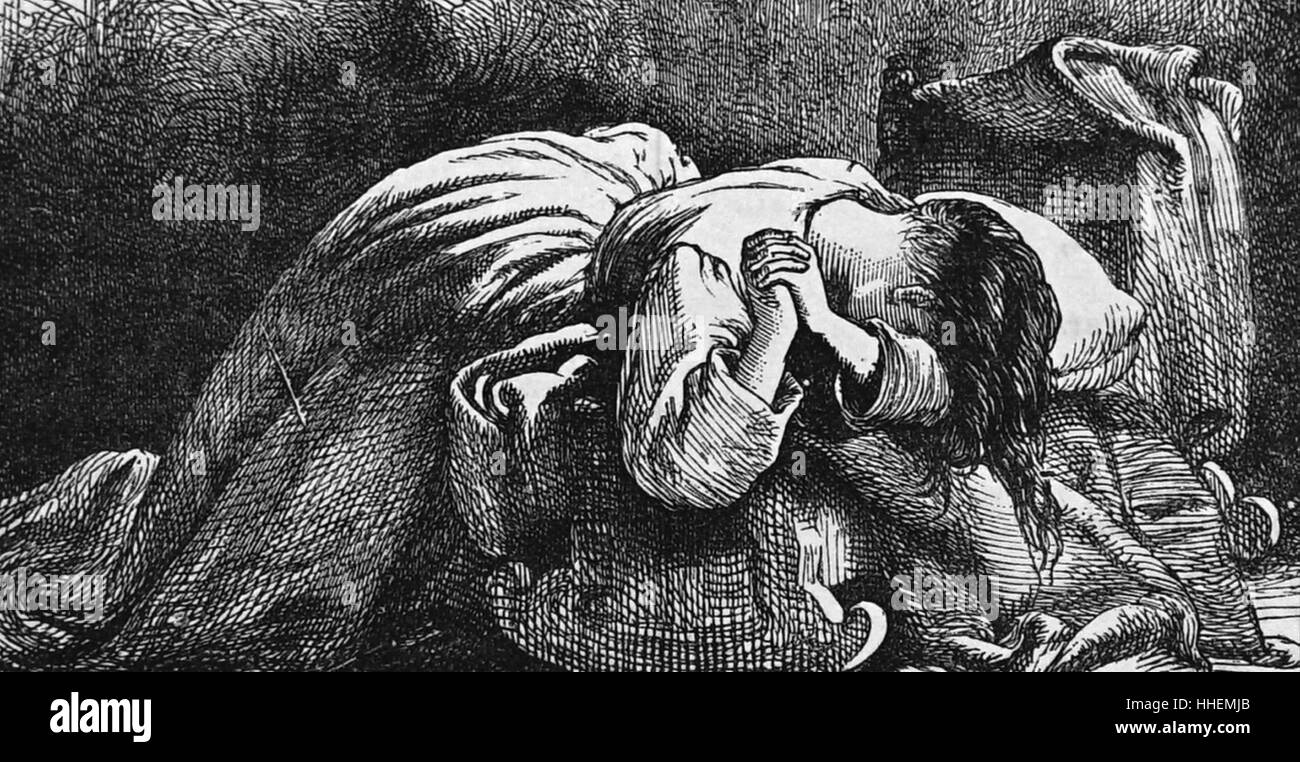 Abbildung zeigt eine Mutter weinend über eine leere Wiege nach dem Verlust ihres Kindes. Vom 19. Jahrhundert Stockfoto