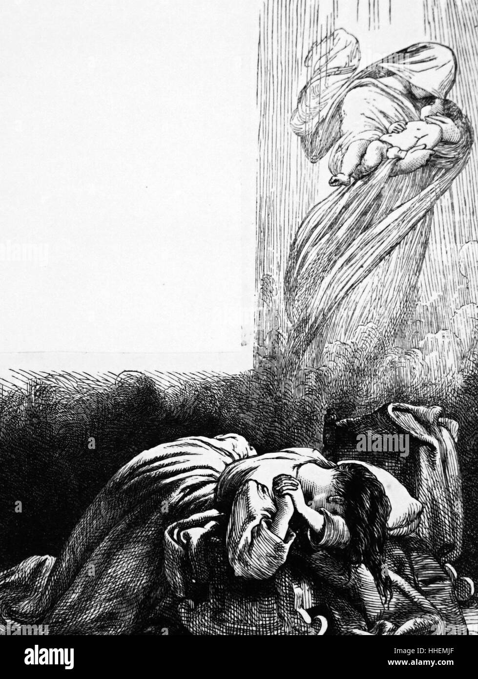 Abbildung: Darstellung der Säuglingssterblichkeit: Mutter weinen um den Verlust ihres Babys, die sich von den Engel des Todes durchgeführt wird. Vom 19. Jahrhundert Stockfoto