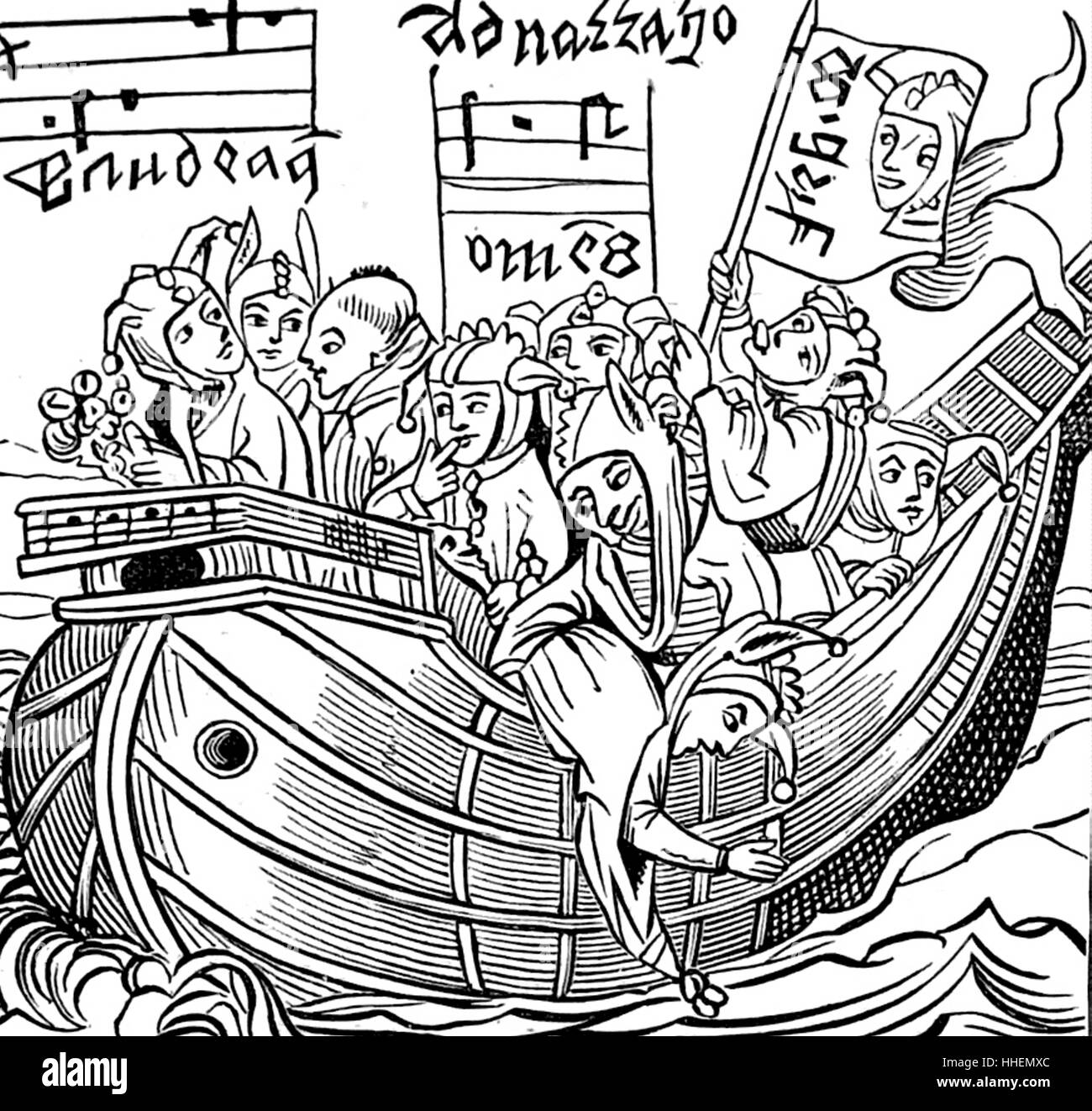 Holzschnittdruck mit dem Titel "The Ship of Fools". Vom 15. Jahrhundert Stockfoto