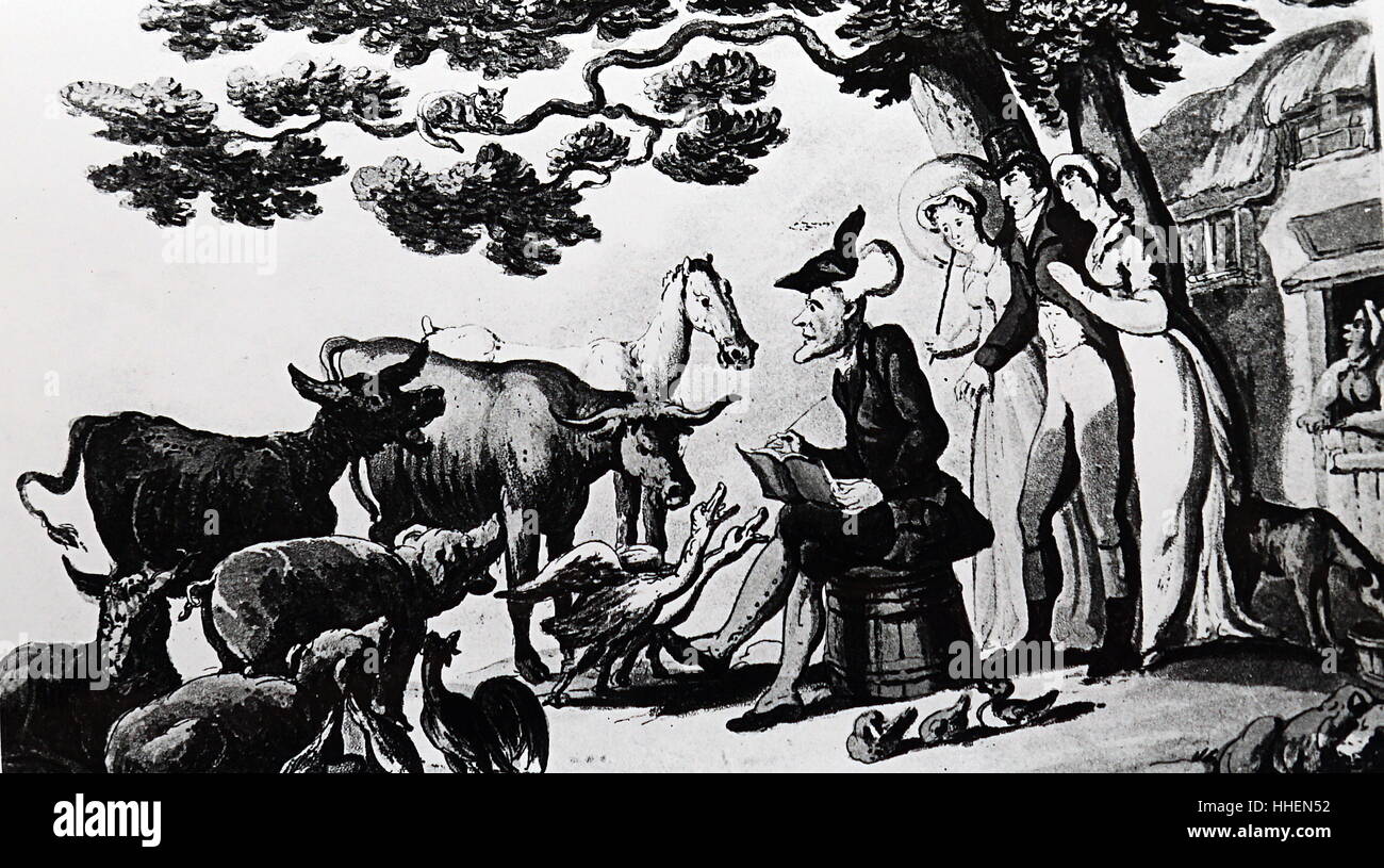 Abbildung: der fiktive Charakter der Dr-Syntax mit der Squire, seine Frau und seine Schwester, die ihn begleitet, um den Hof, die Tiere zu skizzieren. Dr Syntax wurde erstellt von William Combe (1742-1823) und der karikaturist Thomas Rowlandson (1756-1827). Vom 19. Jahrhundert Stockfoto