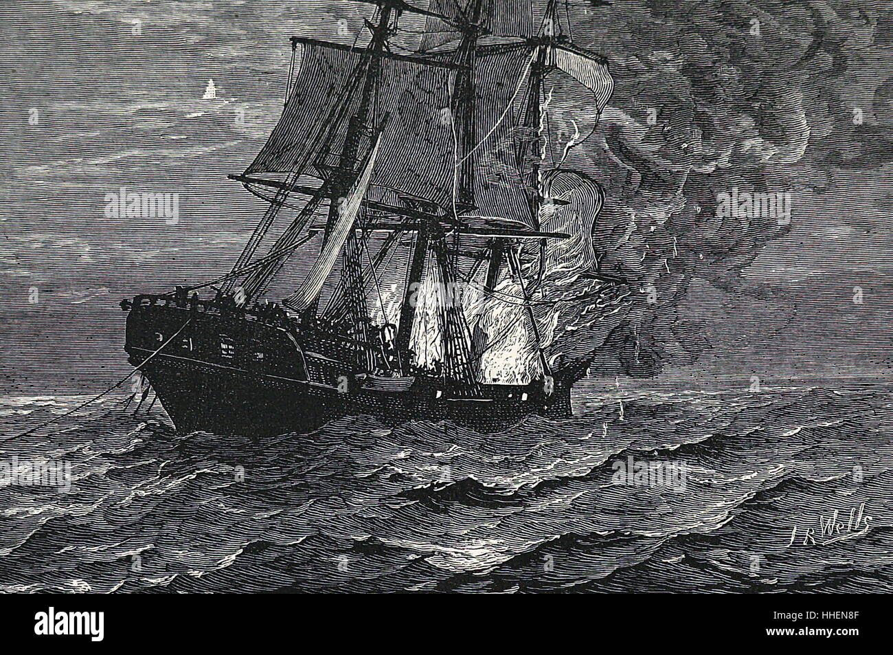 Abbildung zeigt ein Schiff in Brand mitten im Meer. Vom 19. Jahrhundert Stockfoto