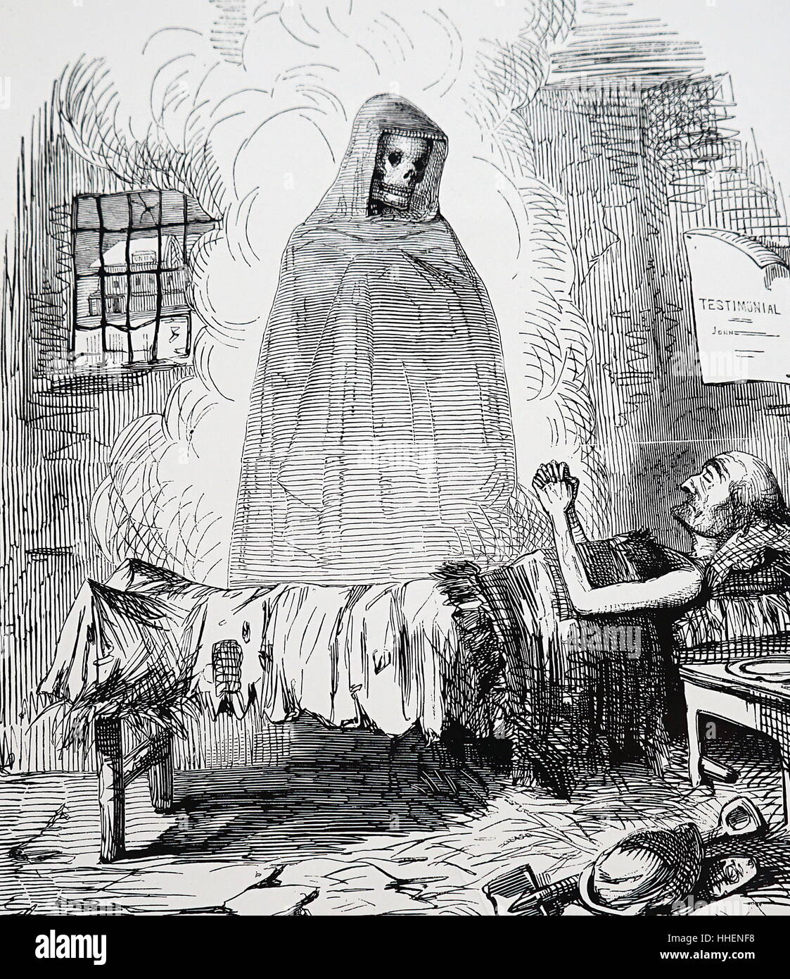 Cartoon, der Tod als Freund des armen Mannes. Illustriert von John Leech (1817-1864) ein englischer Karikaturist und Illustrator. Vom 19. Jahrhundert Stockfoto