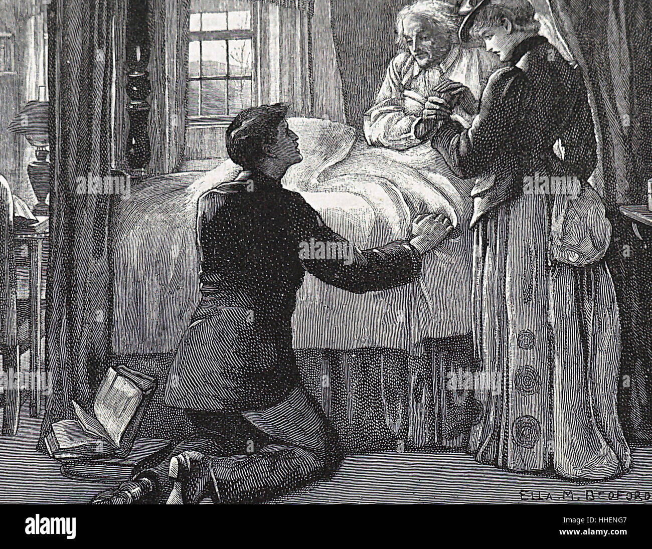 Abbildung zeigt einen Sohn und Schwiegertochter am Sterbebett eines alten Mannes. Vom 19. Jahrhundert Stockfoto