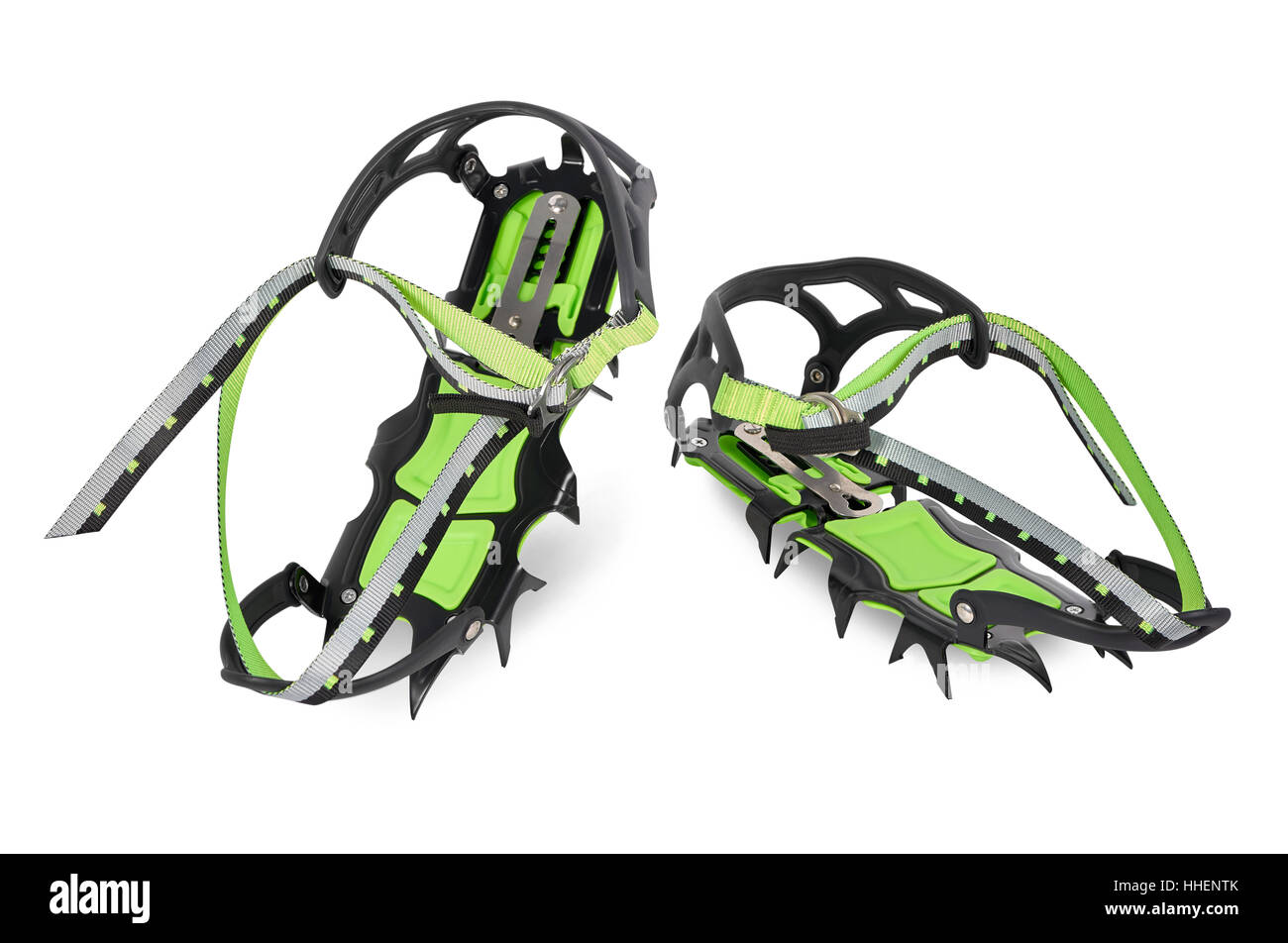 Steigeisen Stahl mit grünem Kunststoff Anti-balling. Isoliert auf weißem Hintergrund Stockfoto