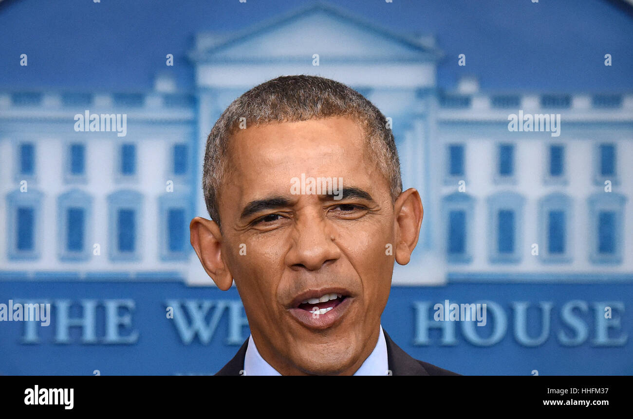 Washington, DC, USA. 18. Januar 2017. Barack Obama spricht bei seiner letzten Pressekonferenz als US-Präsident im Weißen Haus in Washington, DC. Bildnachweis: Yin Bogu/Xinhua/Alamy Live-Nachrichten Stockfoto