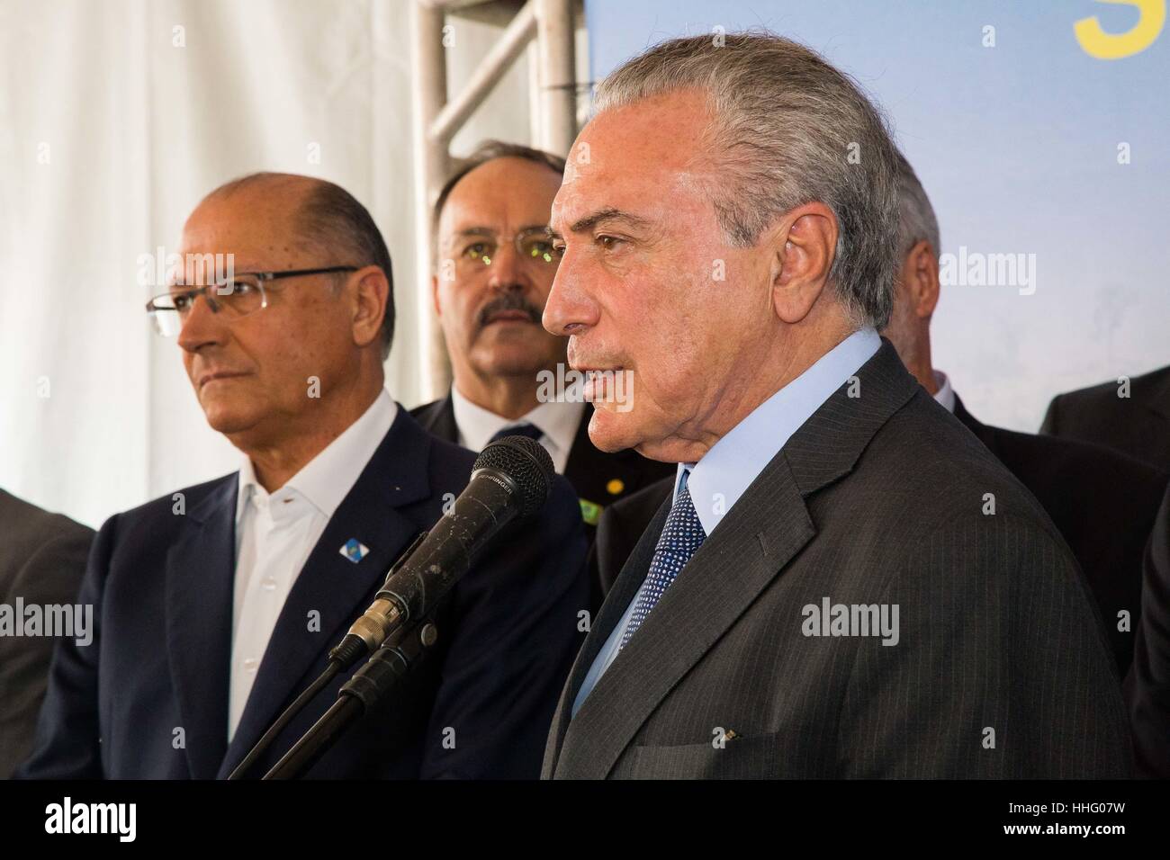 RIBEIRÃO PRETO, SP - 19.01.2017: TEMER E ALCKMIN LANÇAM PLANO SAFRA - Präsident der Republik, Michel Temer, auf einer Pressekonferenz während der Startschuss-Zeremonie von den & Qure-Fundingding für das Jahr 2017/18 Ernte Plan & Quotld bei Tht thC (agronomischen Institut von Campinas) - Cana Cna Center in der Stadt Ofeirão Preto/SP (Foto: Joã João Moura/Fotoarena) Stockfoto